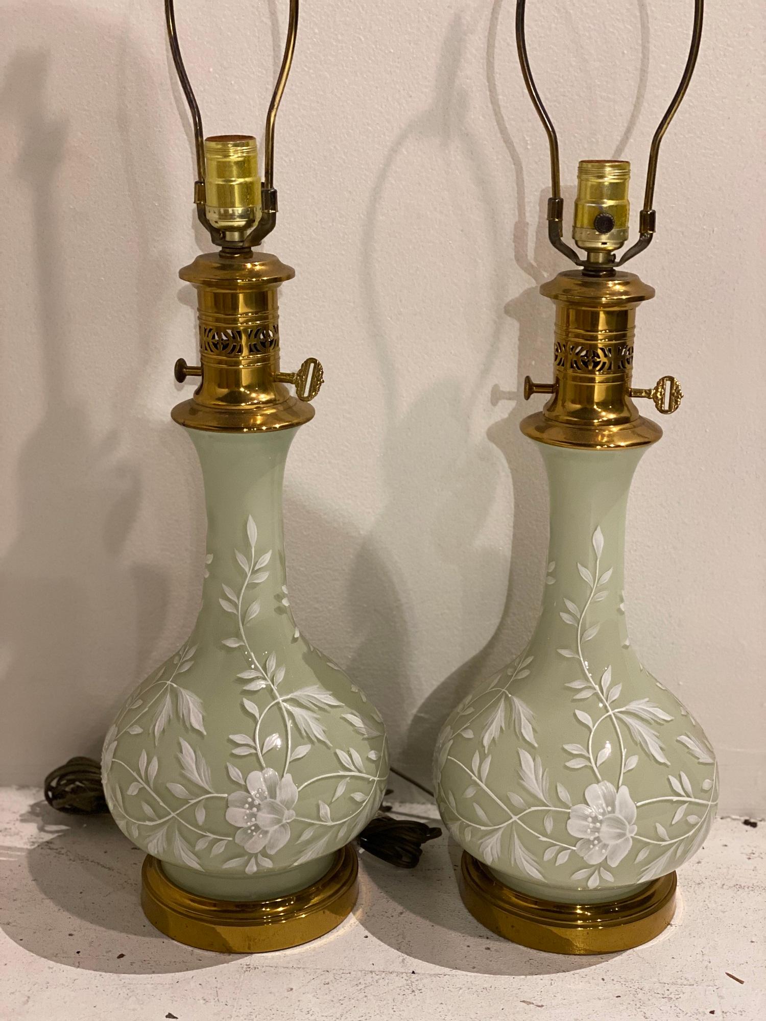 Hand-Painted 1940's French Light Green Glass Table Lamps with Hand Painting For Sale