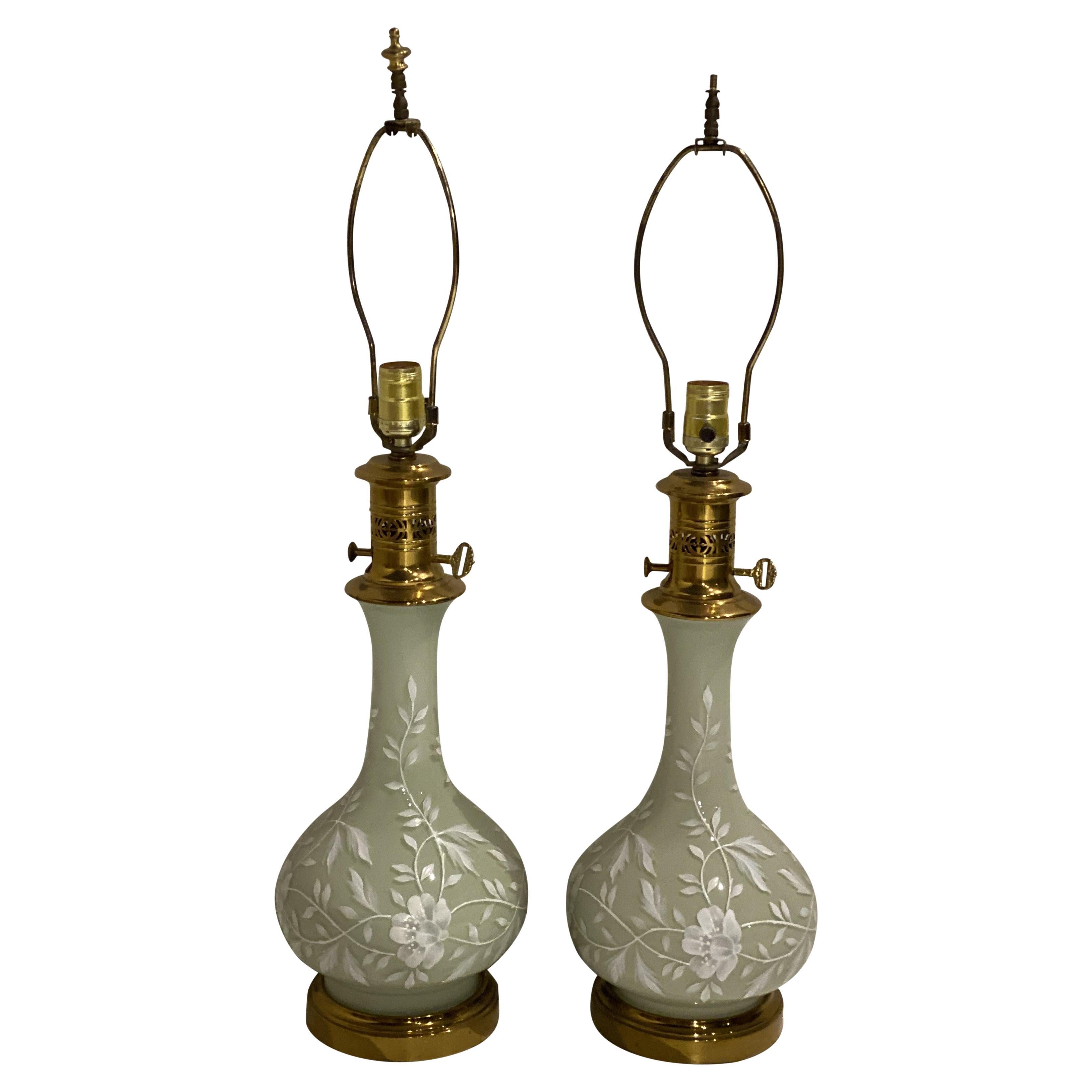 1940's French Light Green Glass Table Lamps with Hand Painting