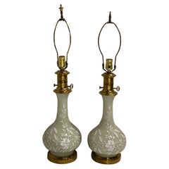 Lámparas de mesa francesas de cristal verde claro de 1940 con pintura a mano