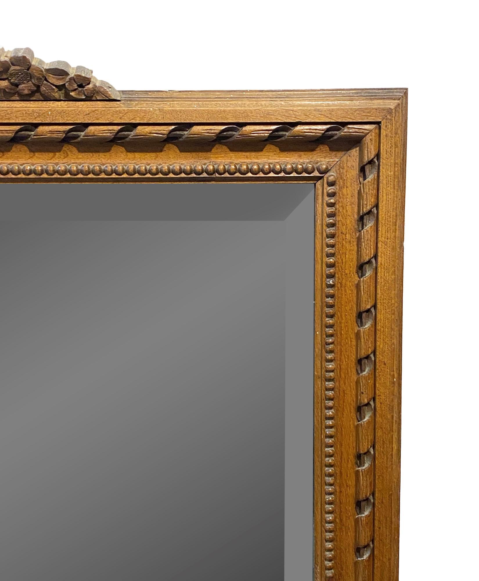 European 1940s French Hand Carved Wood Beveled Mirror Floral Design For Sale