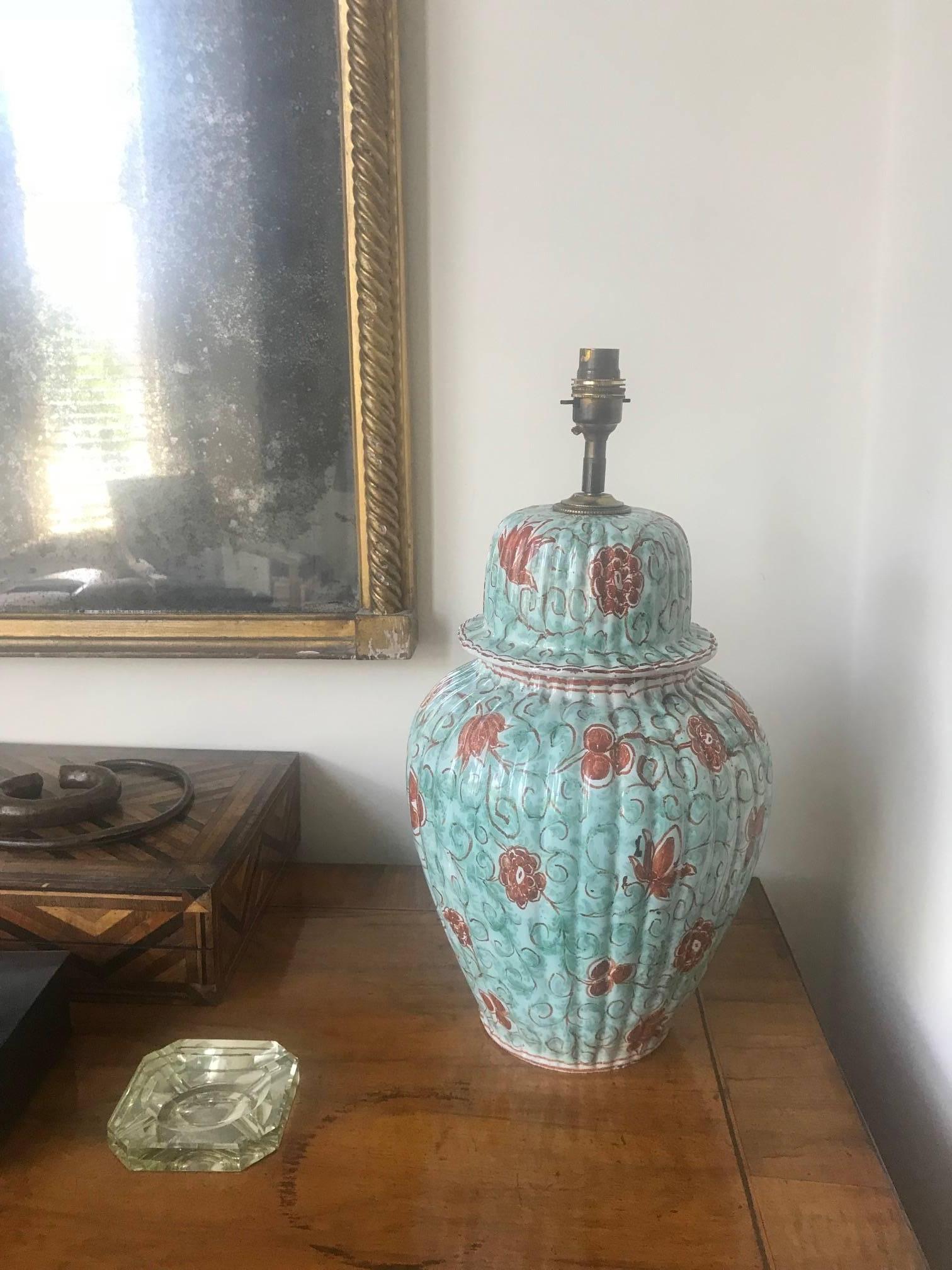 20th Century 1940s French Hand-Painted Glazed Ceramic Lamp For Sale