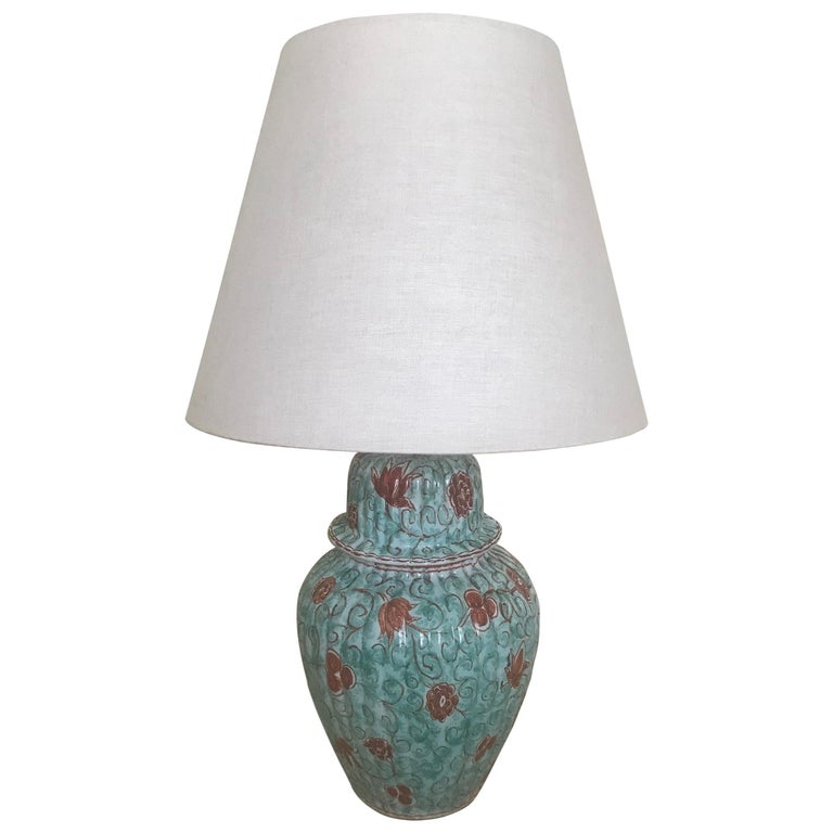 1940s French HandPainted Glazed Ceramic Lamp For Sale at 1stDibs