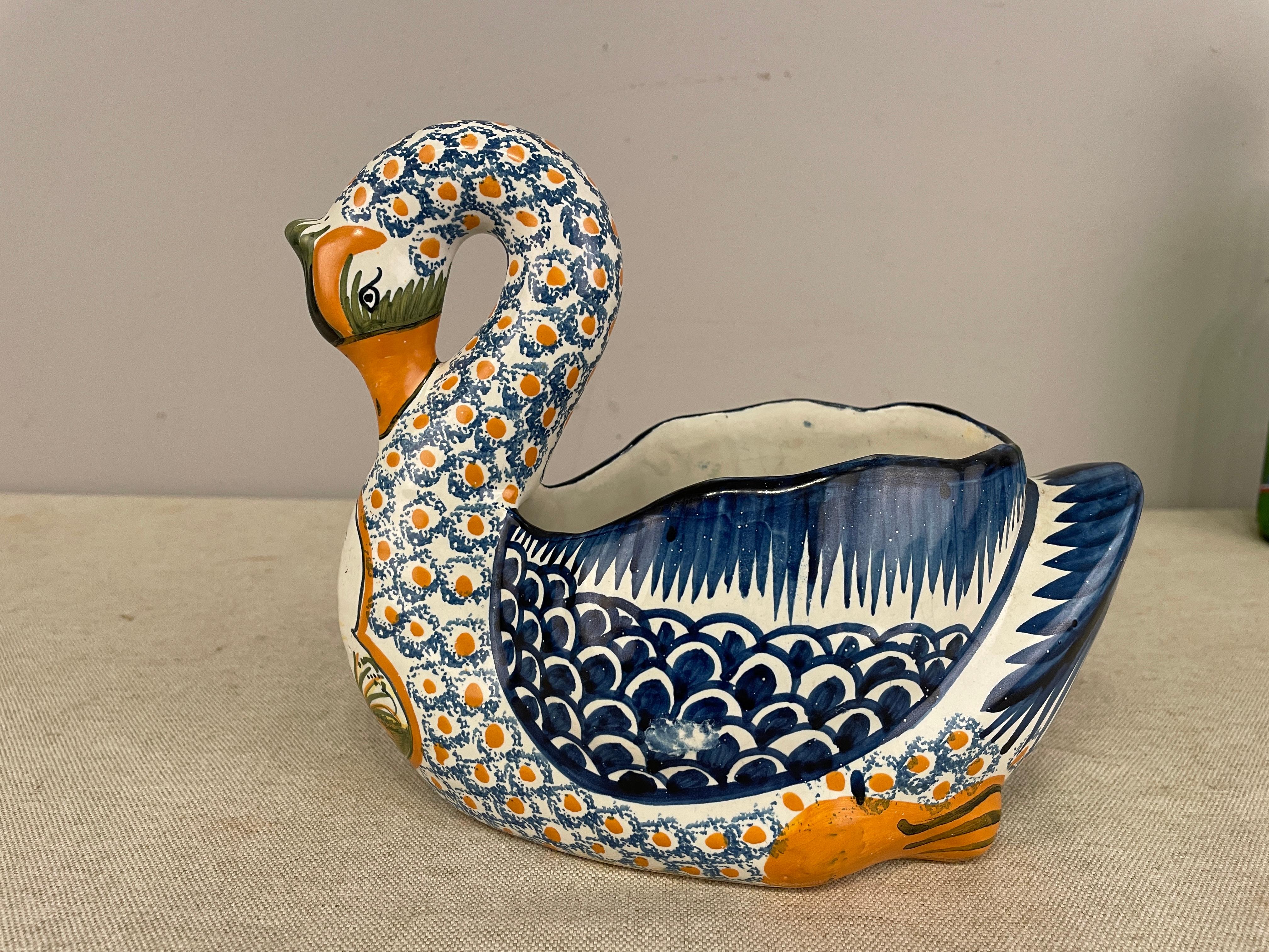 1940's French Henriot Quimper Faience, Swan In Good Condition In Winter Park, FL