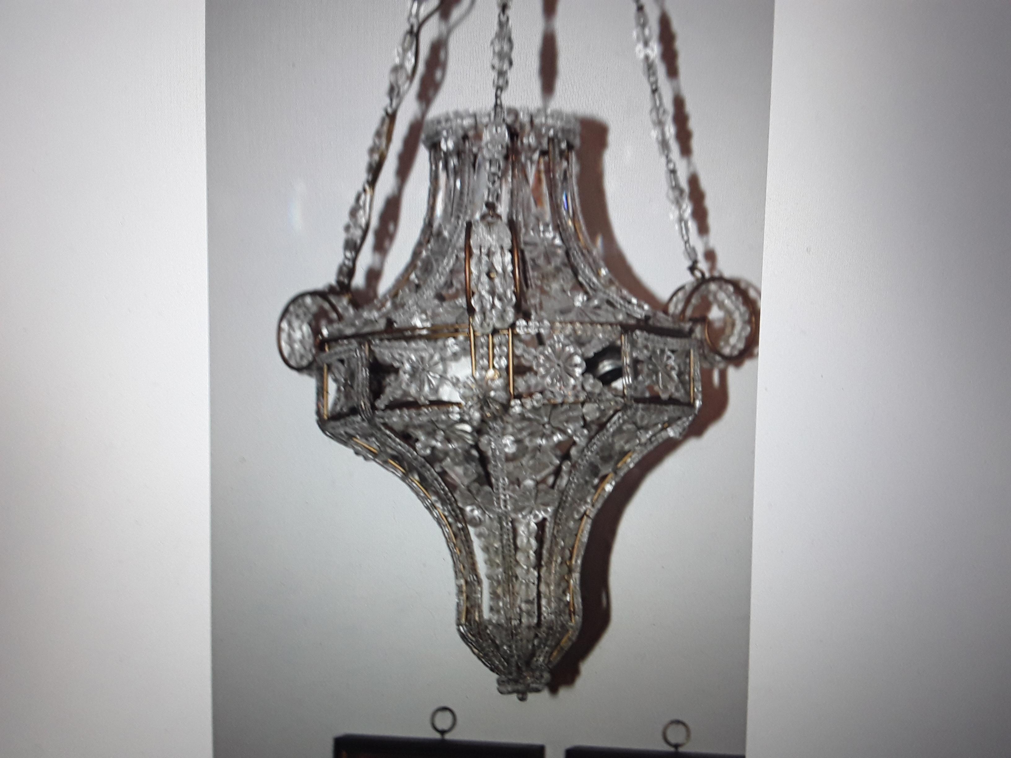 1940's French Hollywood Regency Crystal Beaded Lanter Ceiling Fixture att Bagues For Sale 7