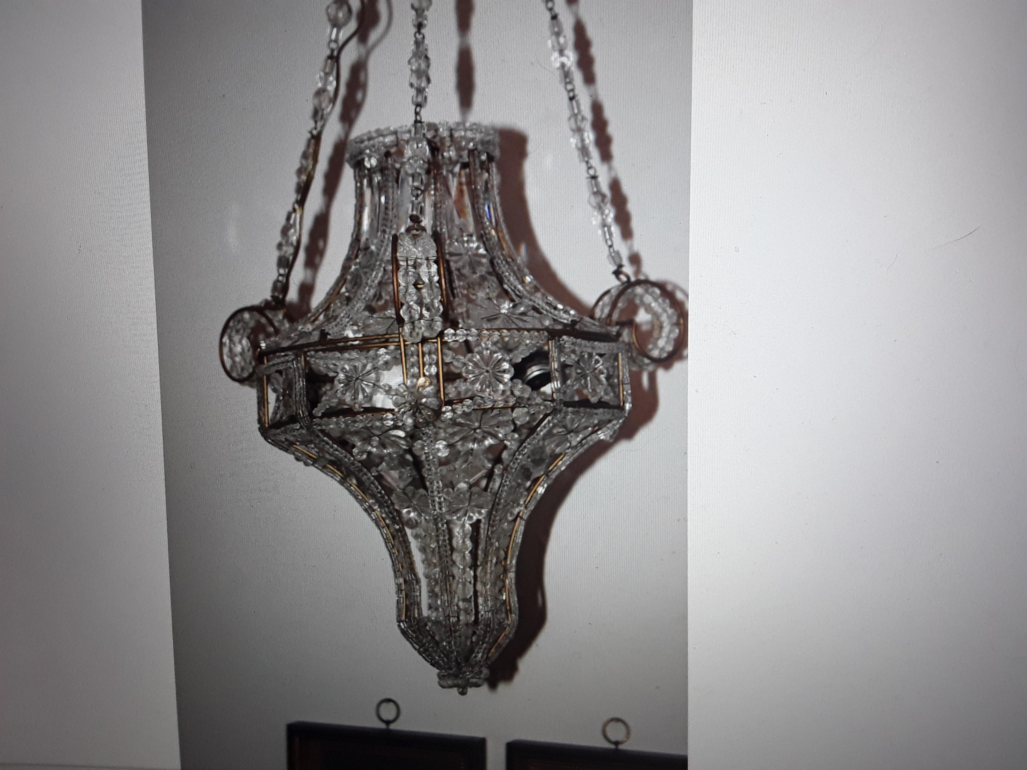 1940's French Hollywood Regency Crystal Beaded Lanter Ceiling Fixture att Bagues For Sale 9