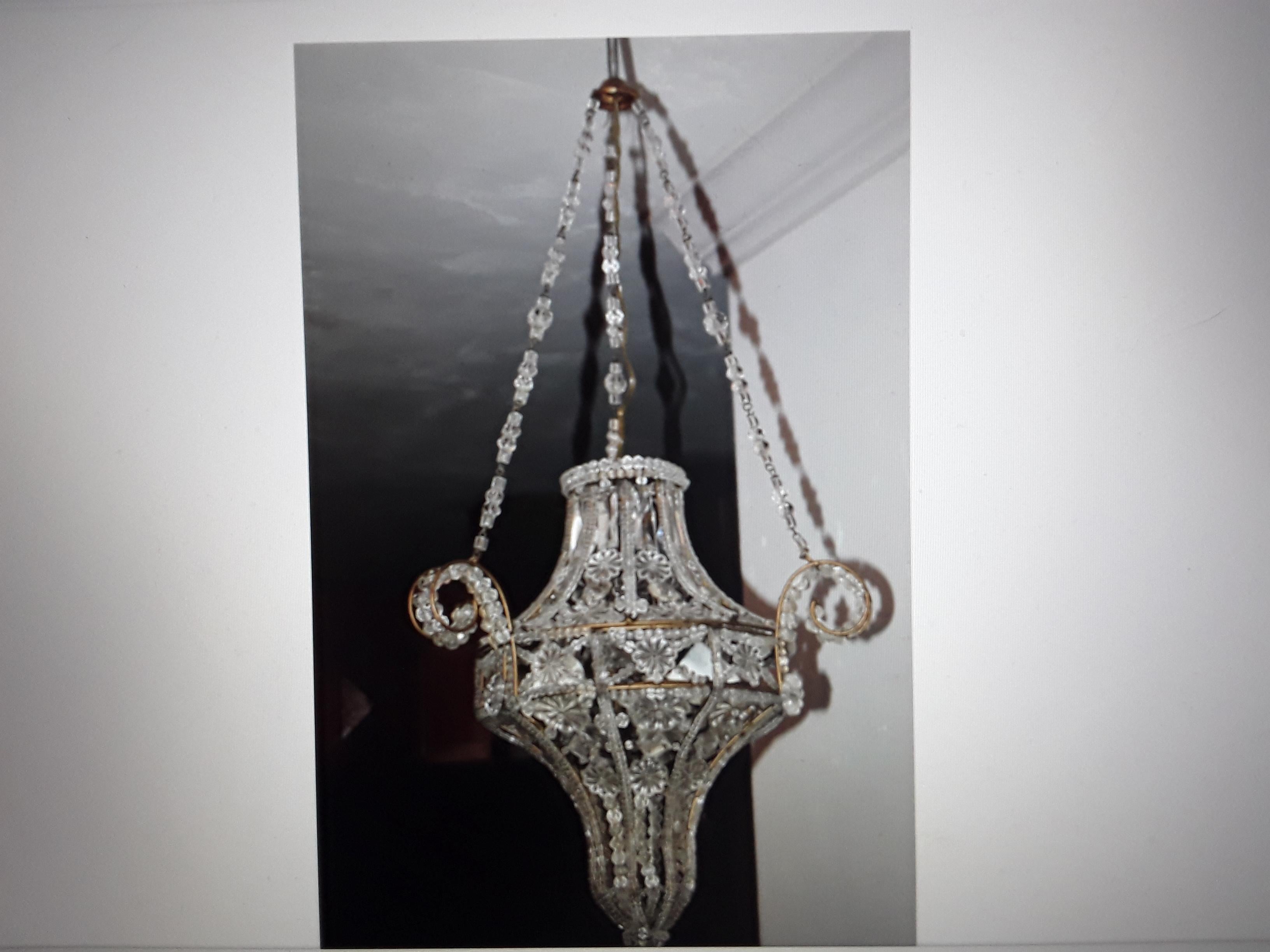 1940's French Hollywood Regency Crystal Beaded Lanter Ceiling Fixture att Bagues For Sale 11