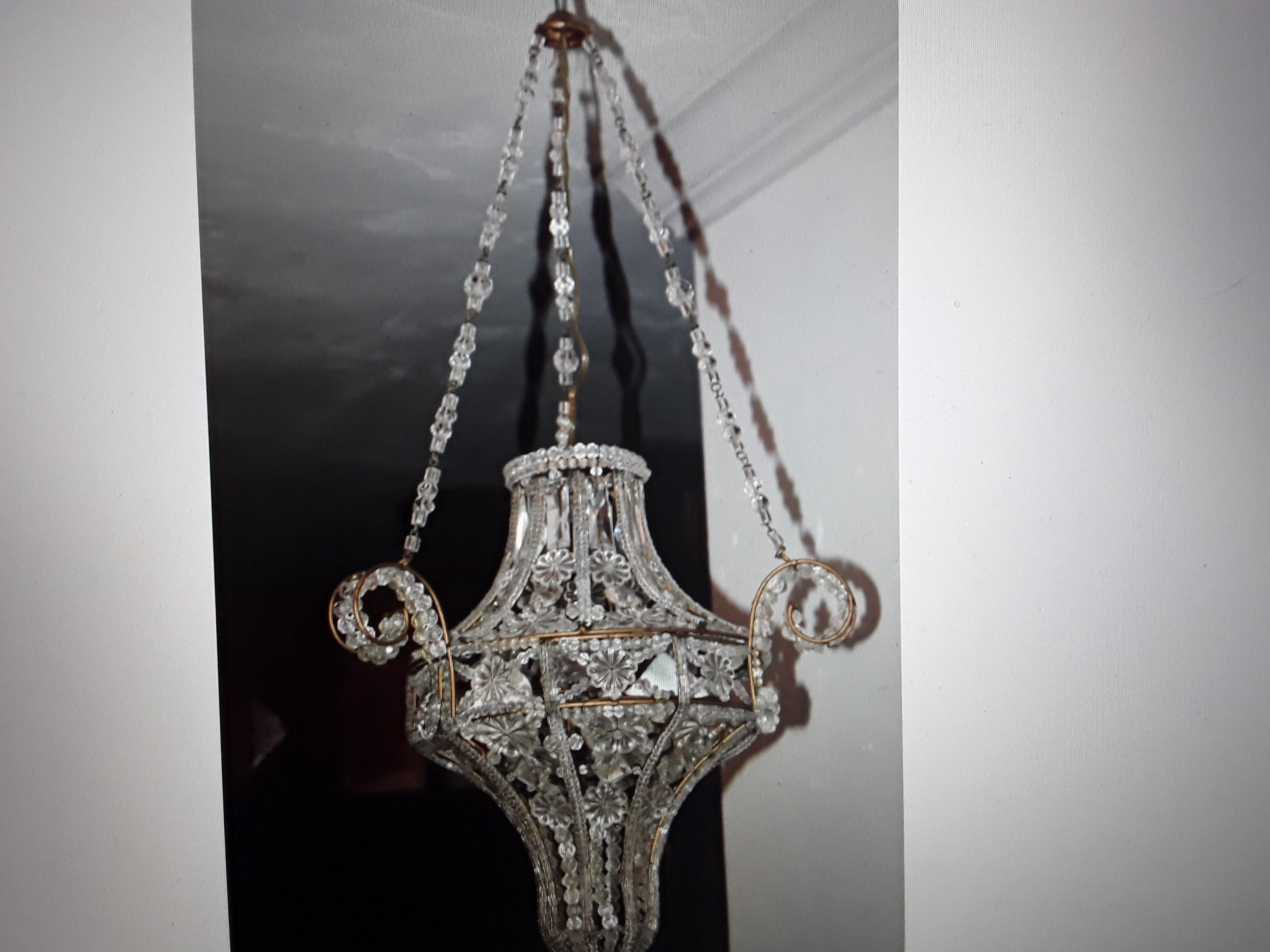 1940's French Hollywood Regency Crystal Beaded Lanter Ceiling Fixture att Bagues For Sale 12