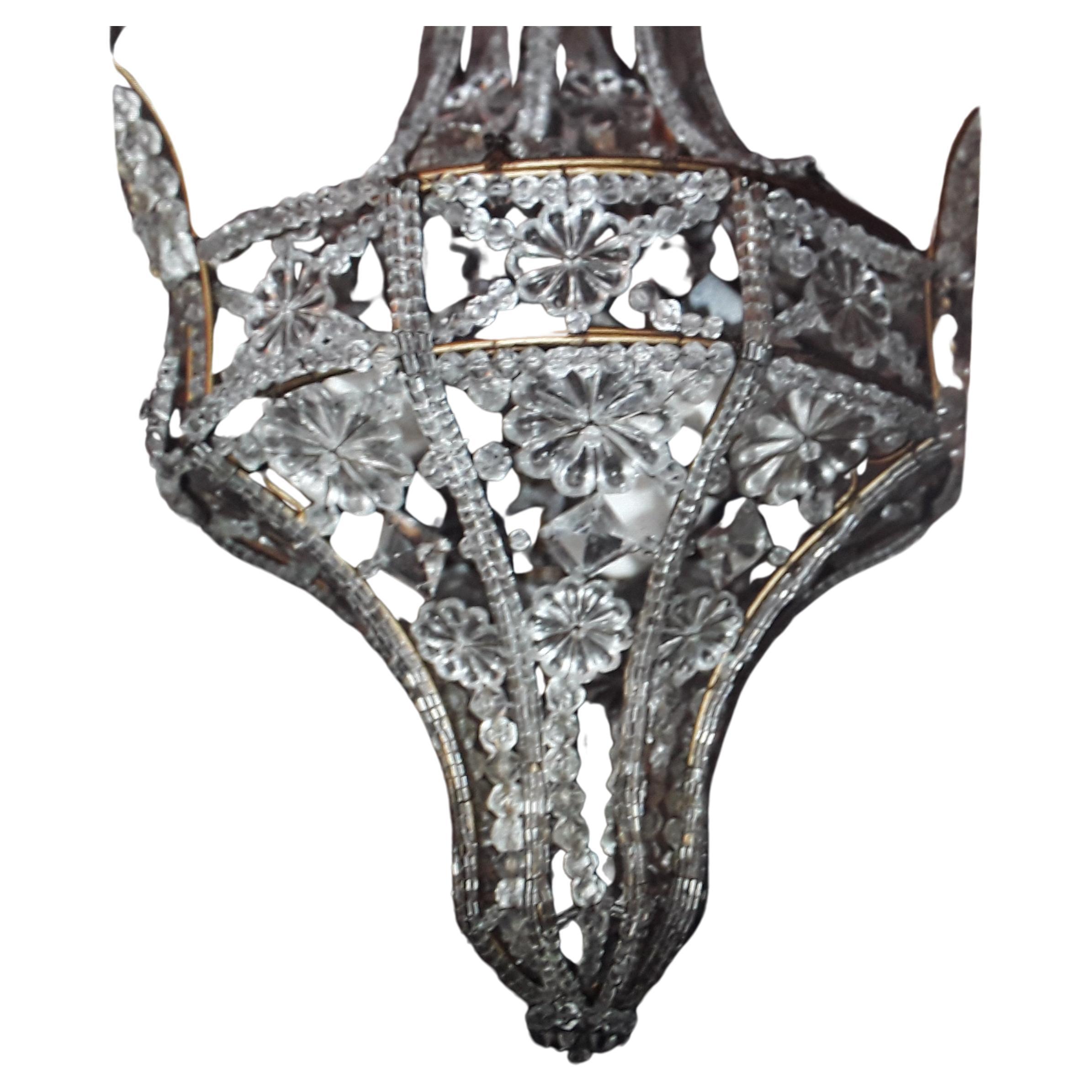 c1940's French Hollywood Regency Beaded Cut Crystal Hanging Lantern, Ceiling Pendant Fixture. This is a very high quality piece attributed to Maison Bagues. Most lanterns of this type have a single light this one has 3.