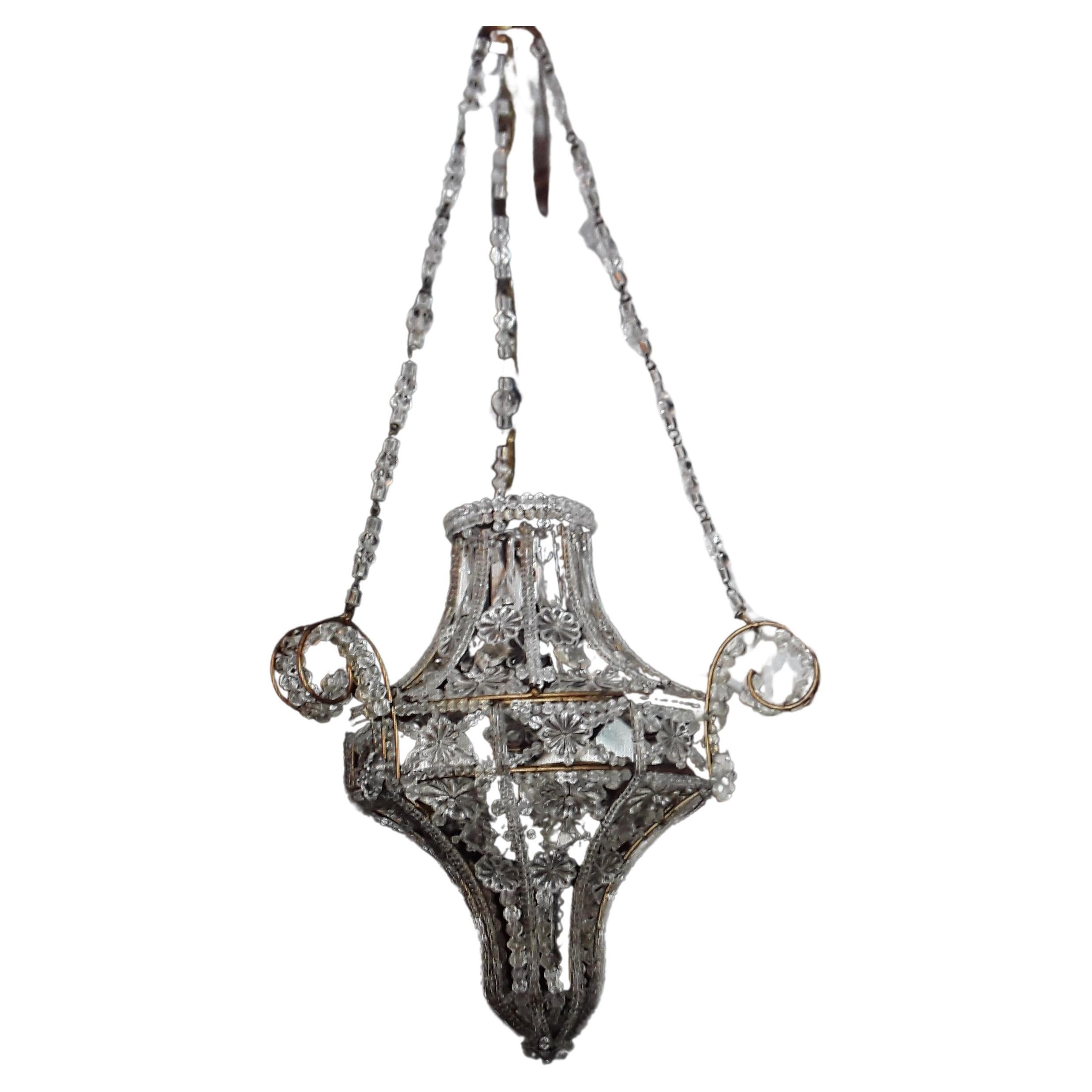 1940's French Hollywood Regency Crystal Beaded Lanter Ceiling Fixture att Bagues In Good Condition For Sale In Opa Locka, FL