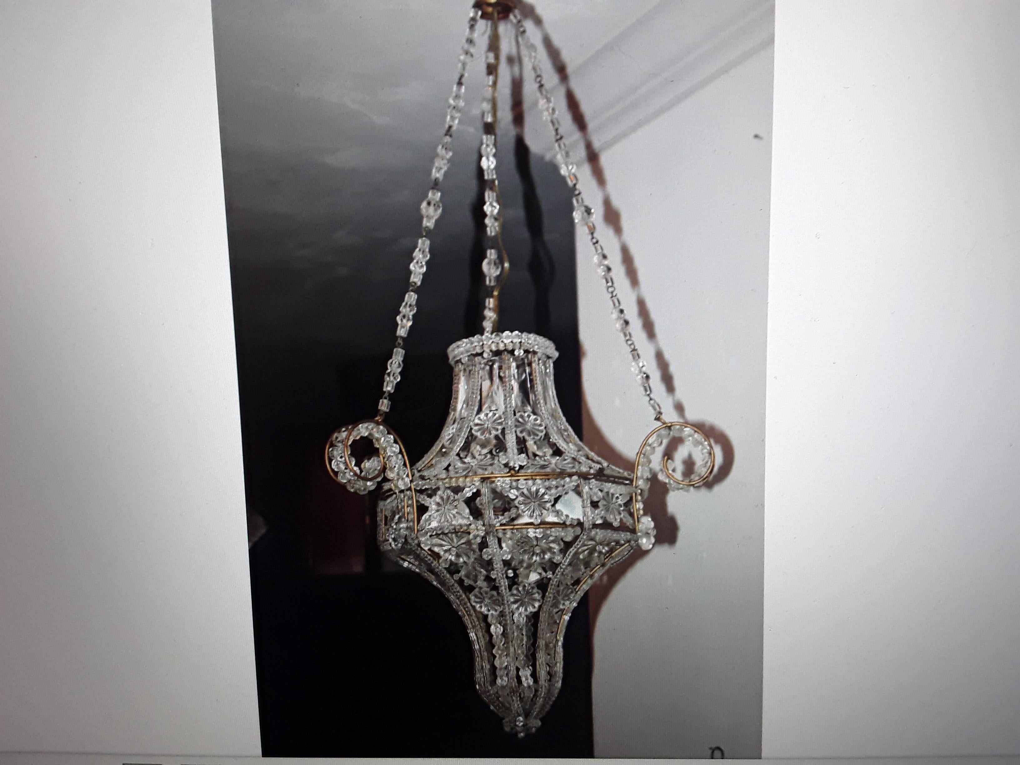Mid-20th Century 1940's French Hollywood Regency Crystal Beaded Lanter Ceiling Fixture att Bagues For Sale