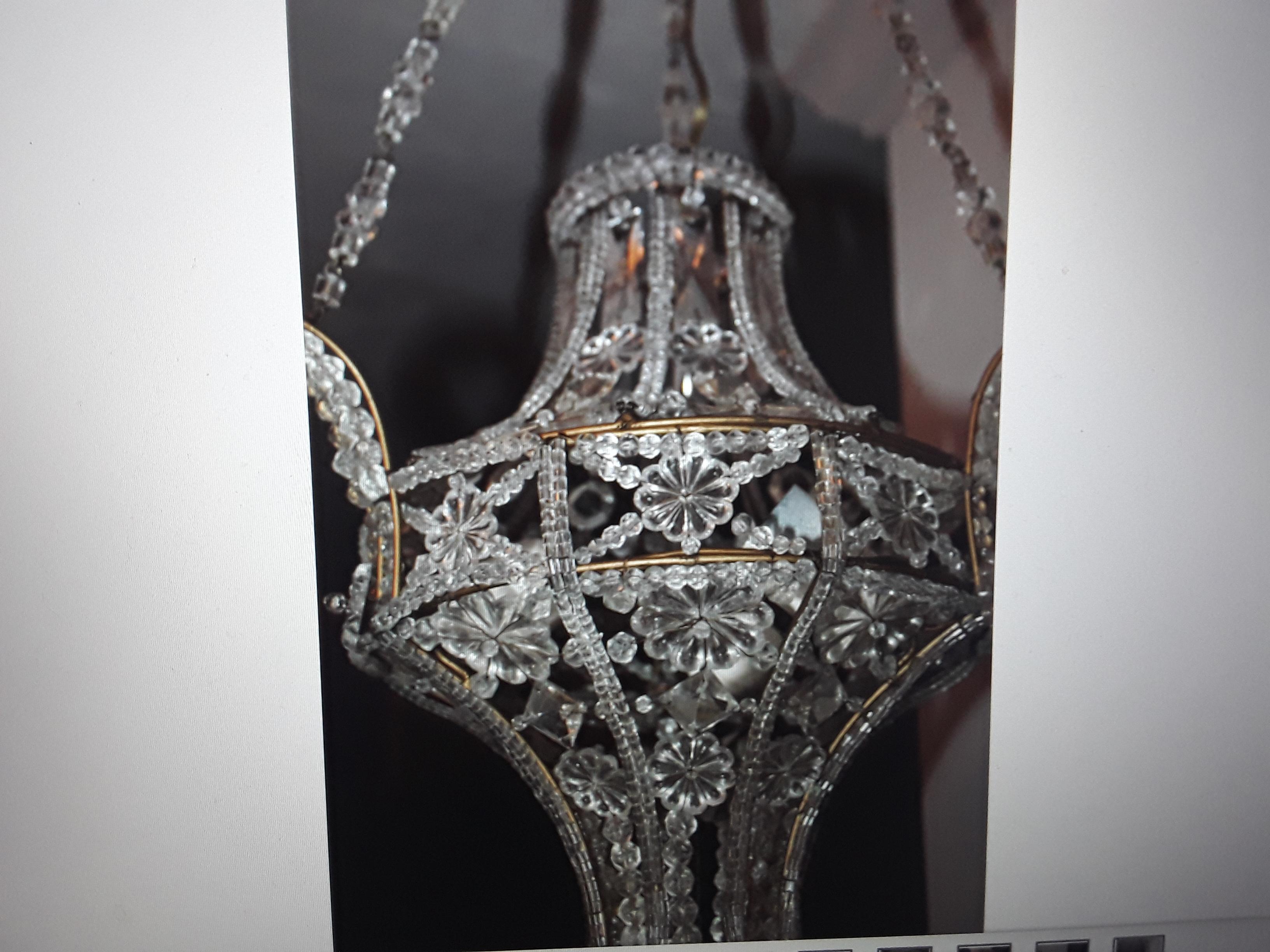 1940's French Hollywood Regency Crystal Beaded Lanter Ceiling Fixture att Bagues For Sale 5