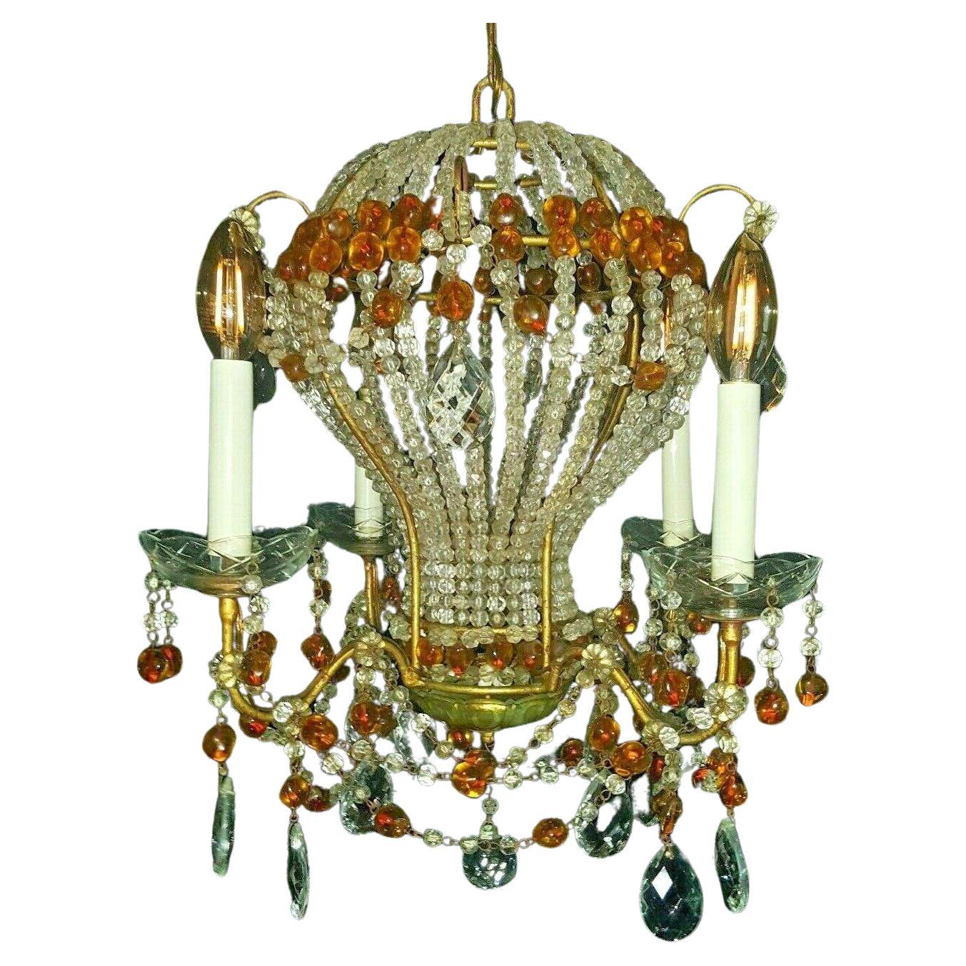 Lustre montgolfière en cristal taillé et perlé Hollywood Regency des années 1940 