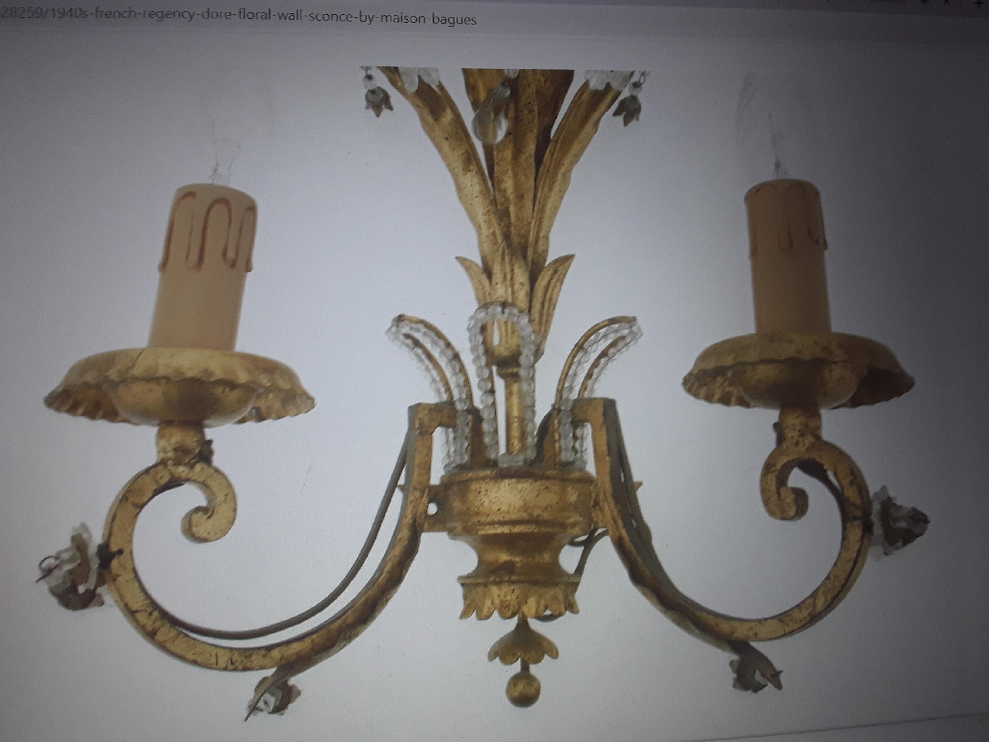 Metal 1940's French Hollywood Regency Dore Floral Wall Sconce attributed Naison Bagues For Sale