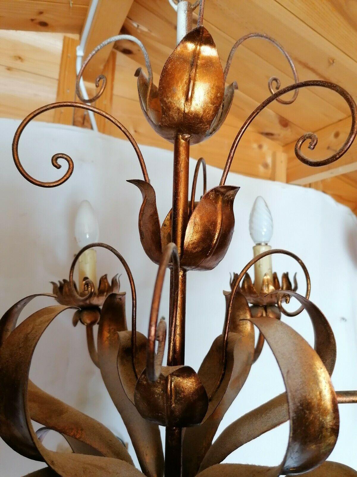 1940s French Hollywood Regency Gilt Tole Flower Form Chandelier style Jansen For Sale 1