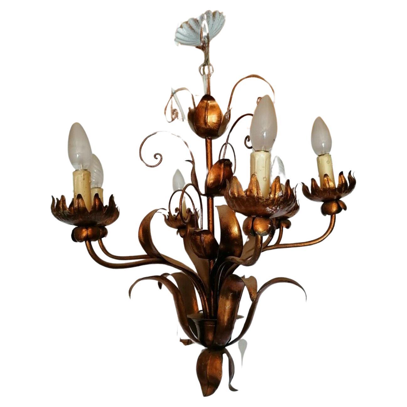 1940s French Hollywood Regency Gilt Tole Flower Form Chandelier style Jansen For Sale