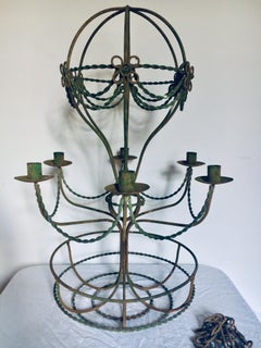 1940's French Hollywood Regency Green Iron Hot Air Balloon Candle Chandelier