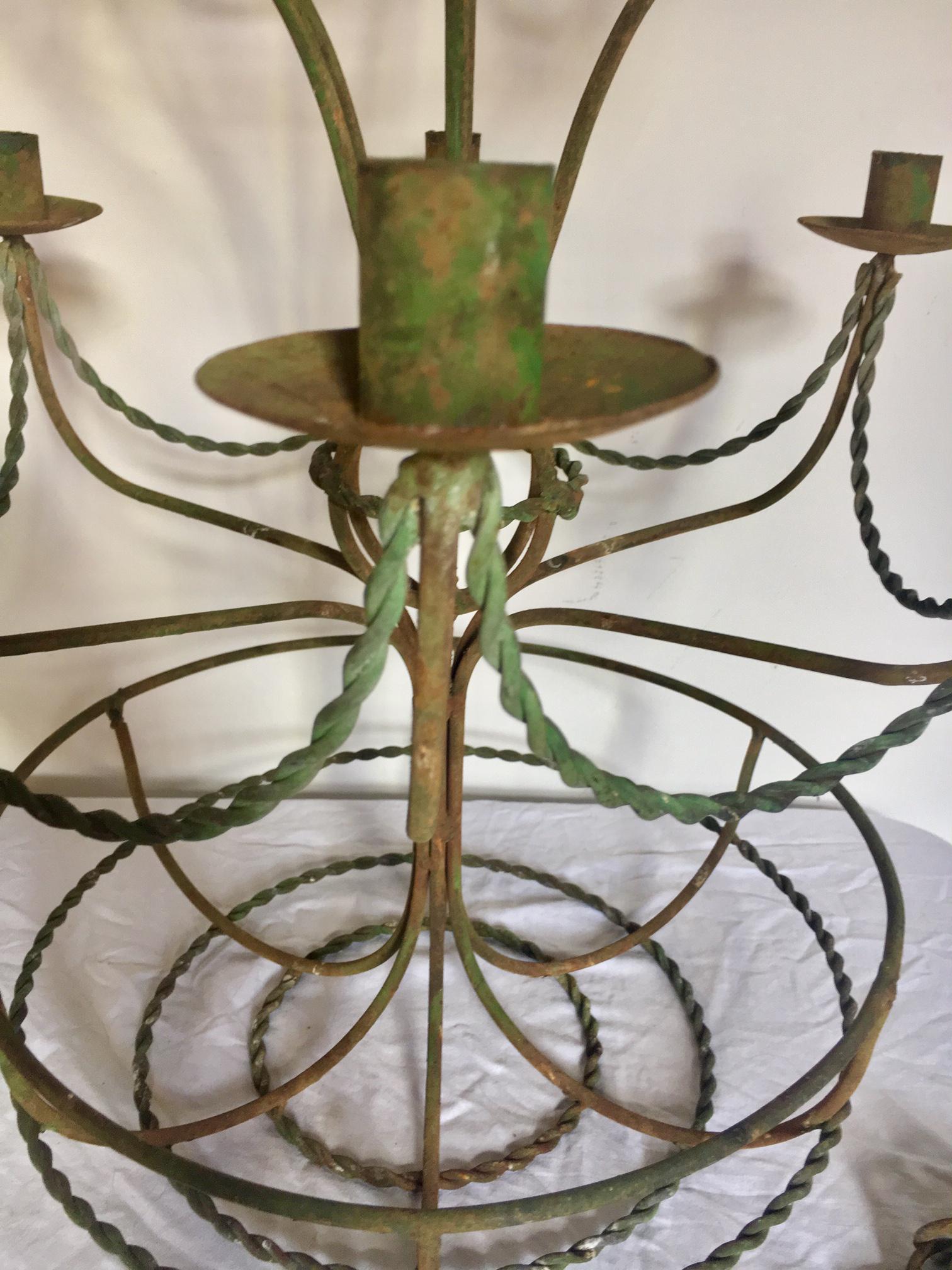 1940's French Hollywood Regency Green Iron Hot Air Balloon Candle Chandelier  In Good Condition For Sale In Opa Locka, FL