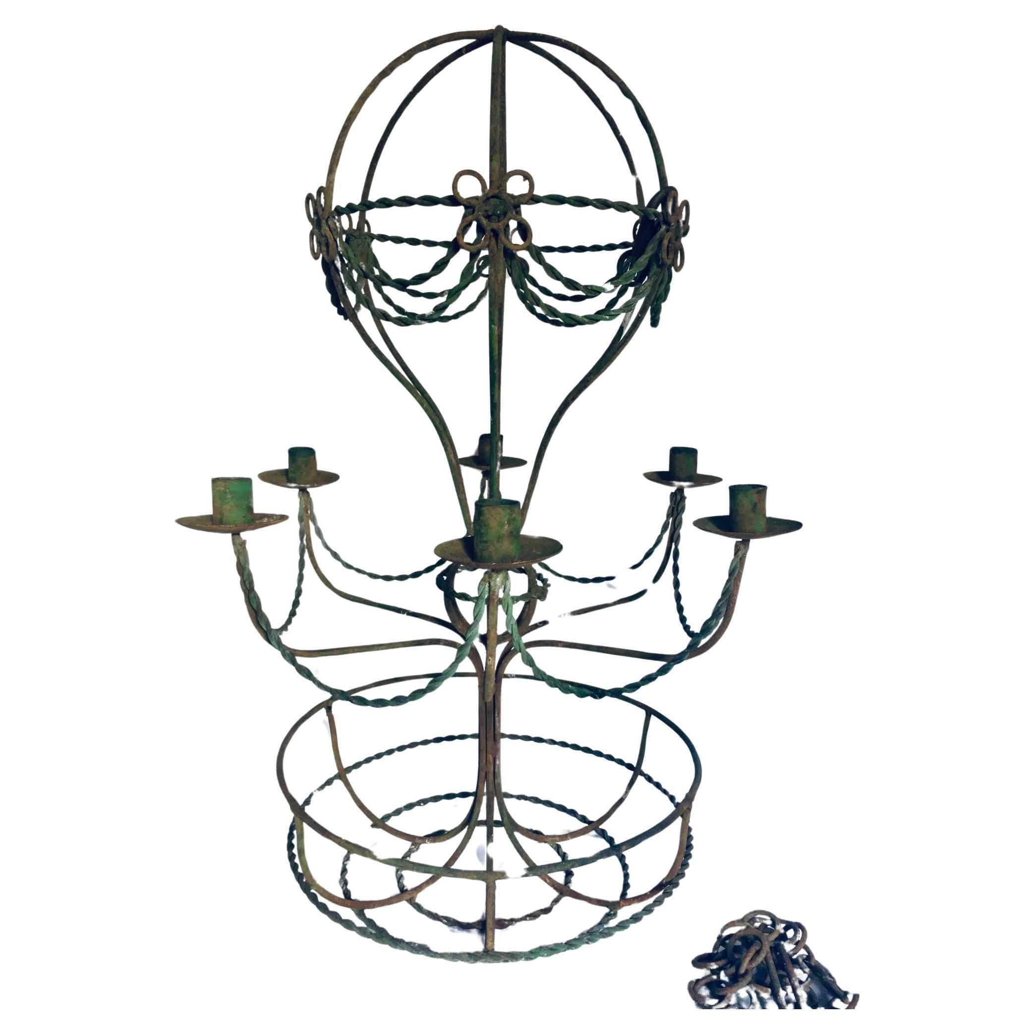 1940's French Hollywood Regency Green Iron Hot Air Balloon Candle Chandelier  For Sale