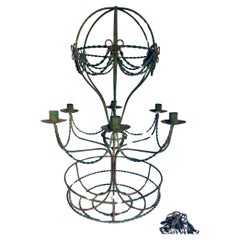 1940's French Hollywood Regency Green Iron Hot Air Balloon Candle Chandelier 