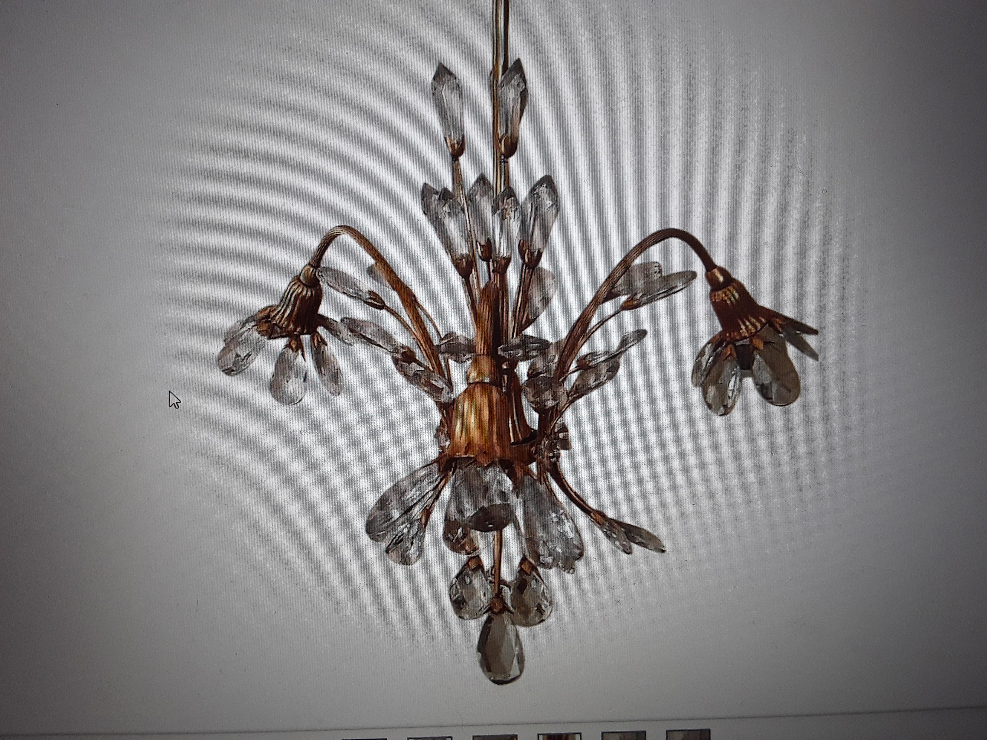 1940's French Hollywood Regency Ormolu with Cut Crystal Floral Form Chandelier  For Sale 5