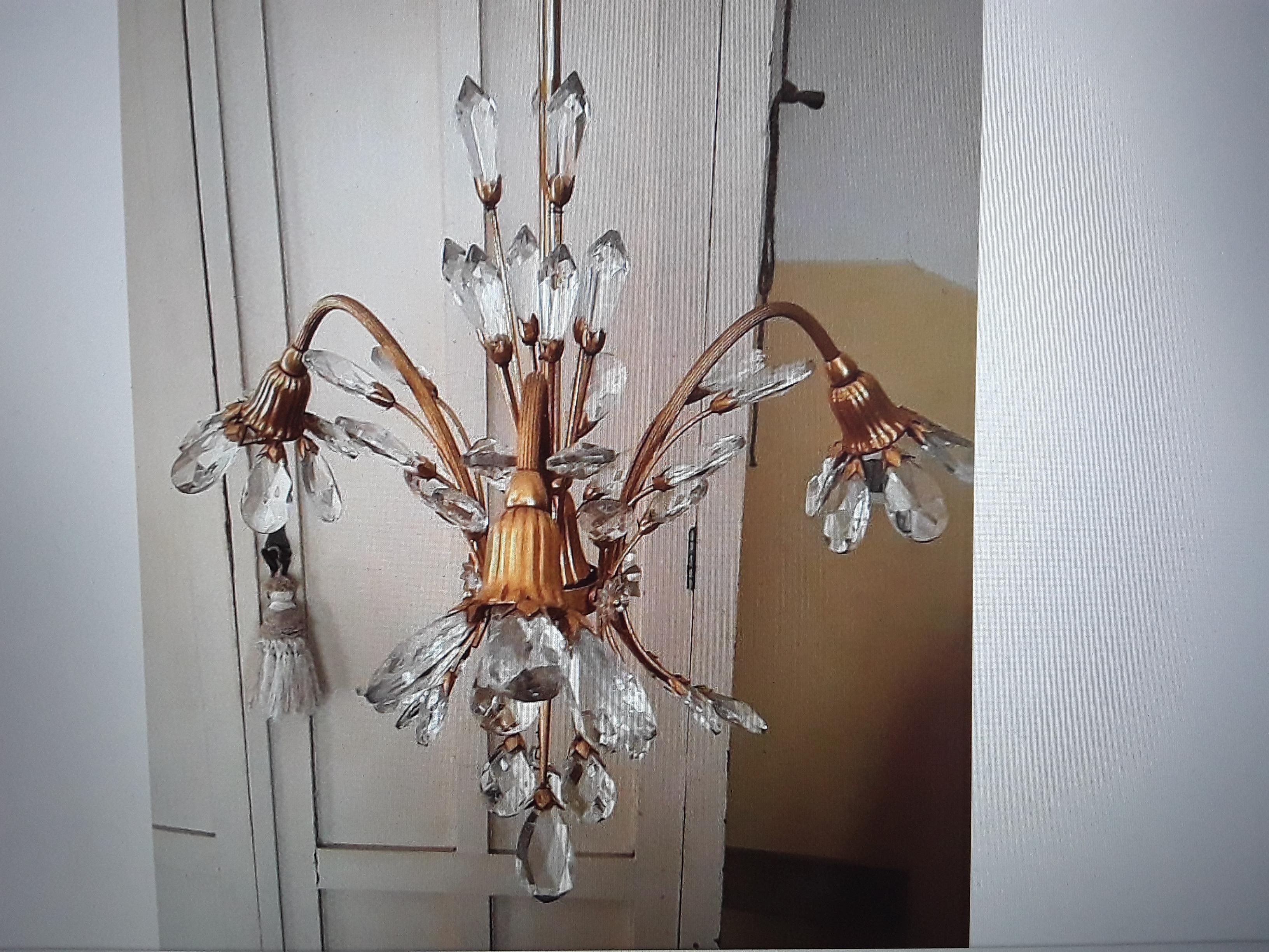 1940's French Hollywood Regency Ormolu with Cut Crystal Floral Form Chandelier  In Good Condition For Sale In Opa Locka, FL
