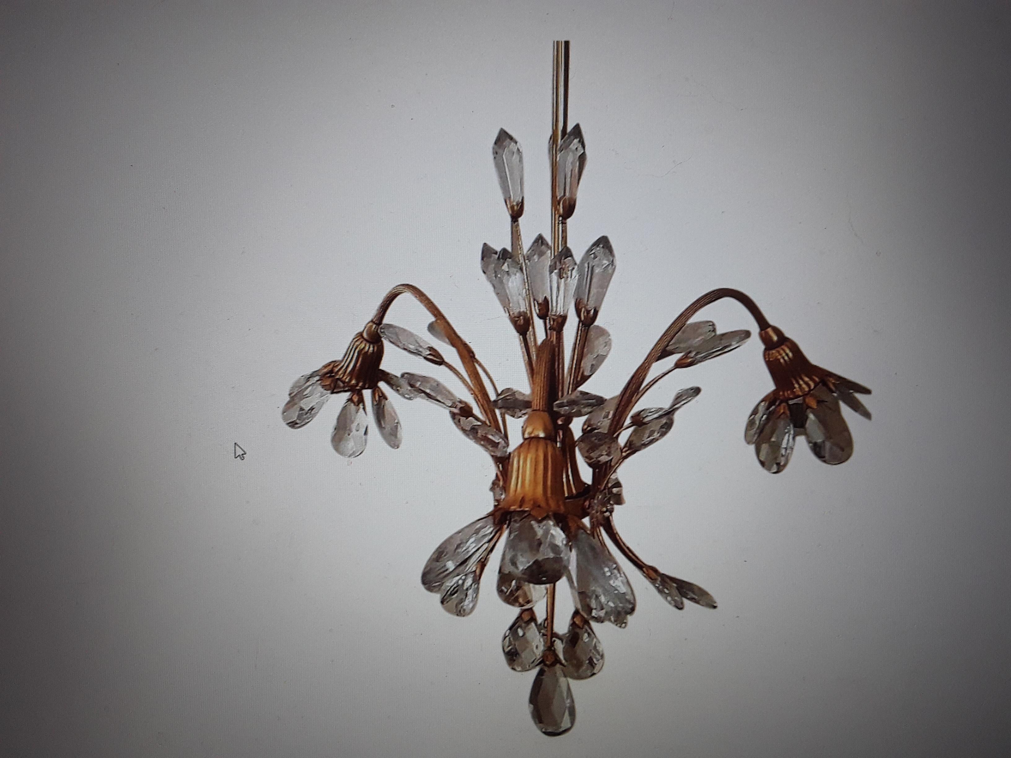 1940's French Hollywood Regency Ormolu with Cut Crystal Floral Form Chandelier  For Sale 4