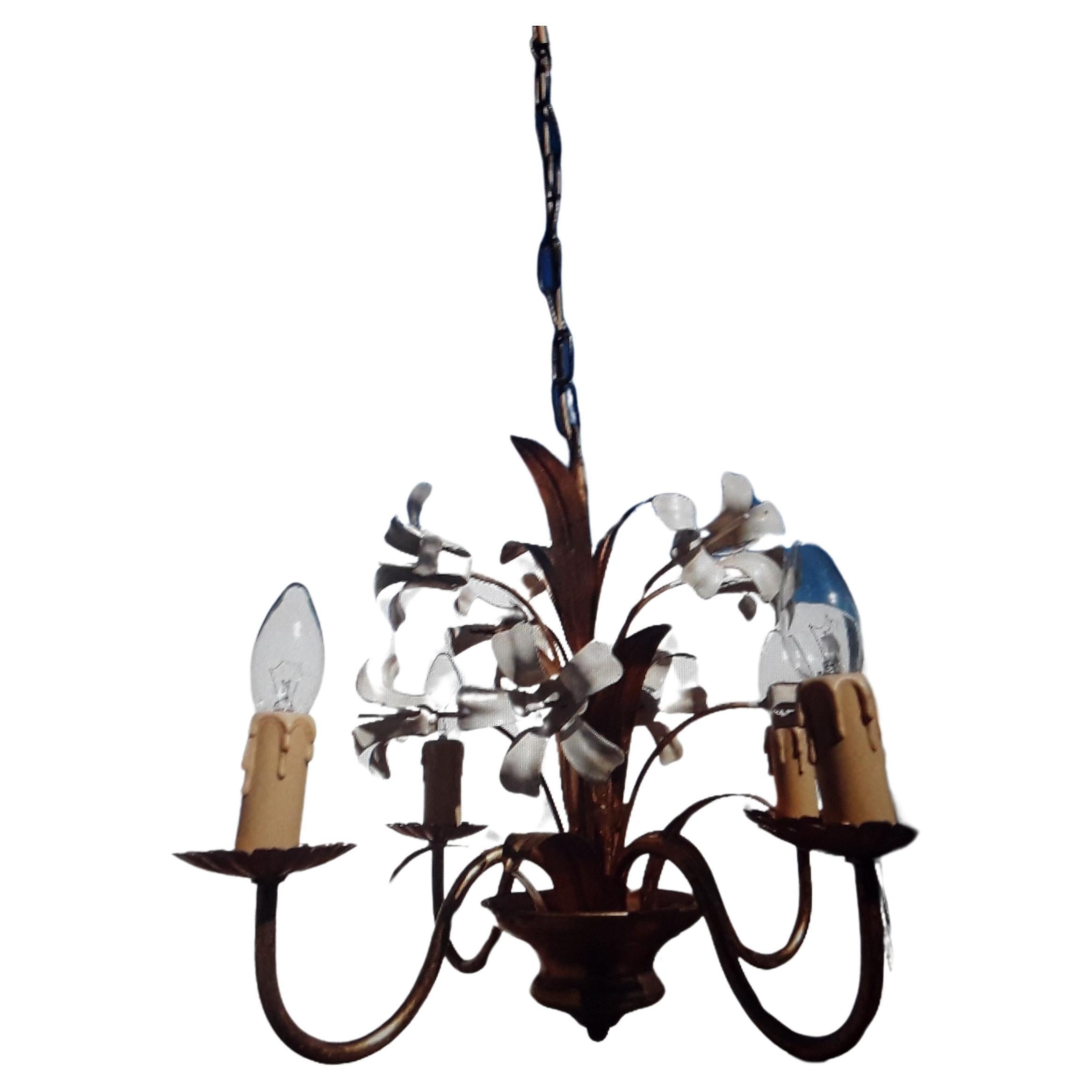 1940's French Hollywood Regency Tole Peinte Floral Chandelier