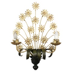 1940's french Hollywood Regency wall lamp, golden daisies bouquet