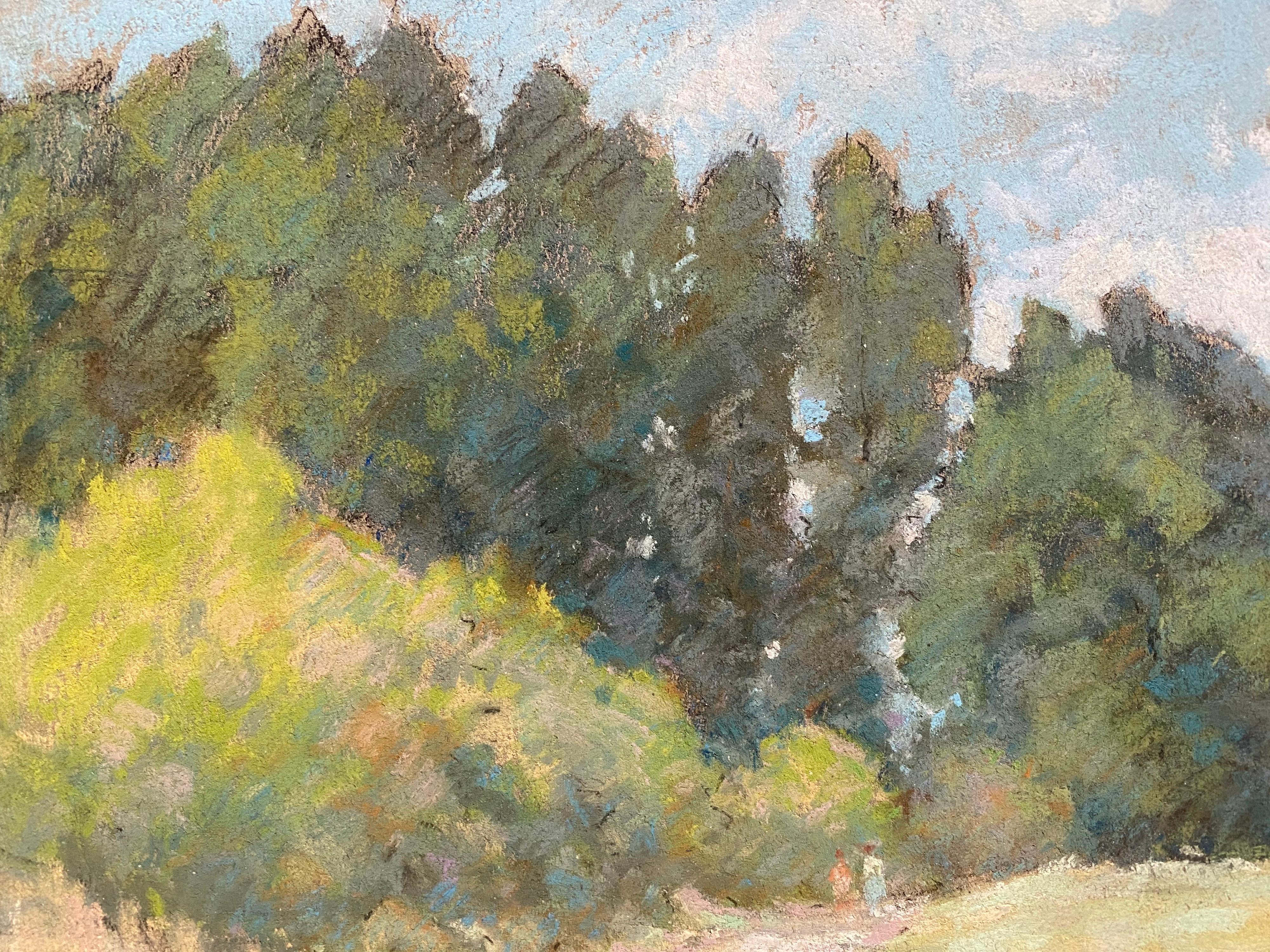 1940's French Impressionist Pastel Sunlit Countryside Pathway by Woods In Good Condition For Sale In Cirencester, GB