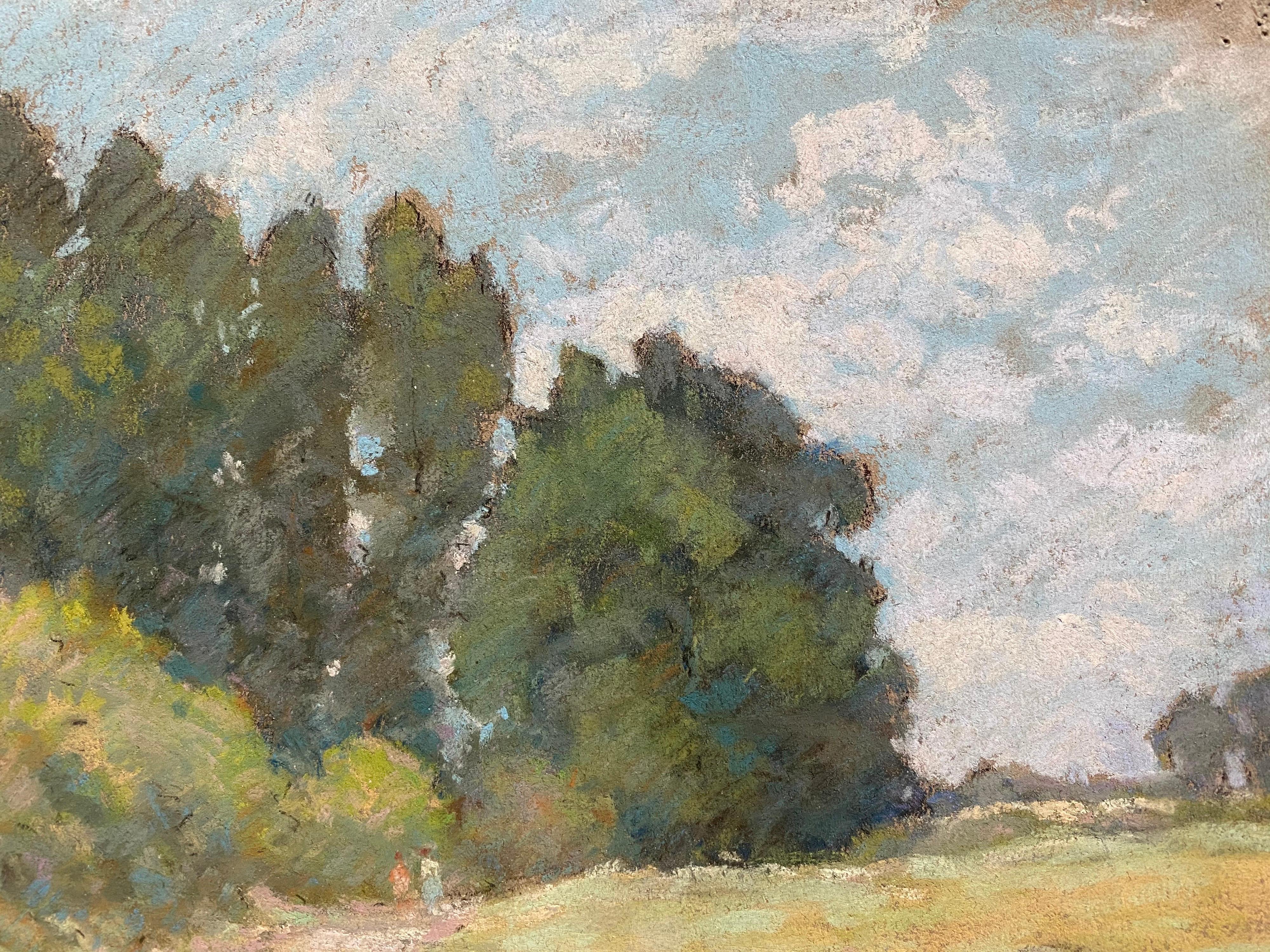 20th Century 1940's French Impressionist Pastel Sunlit Countryside Pathway by Woods For Sale