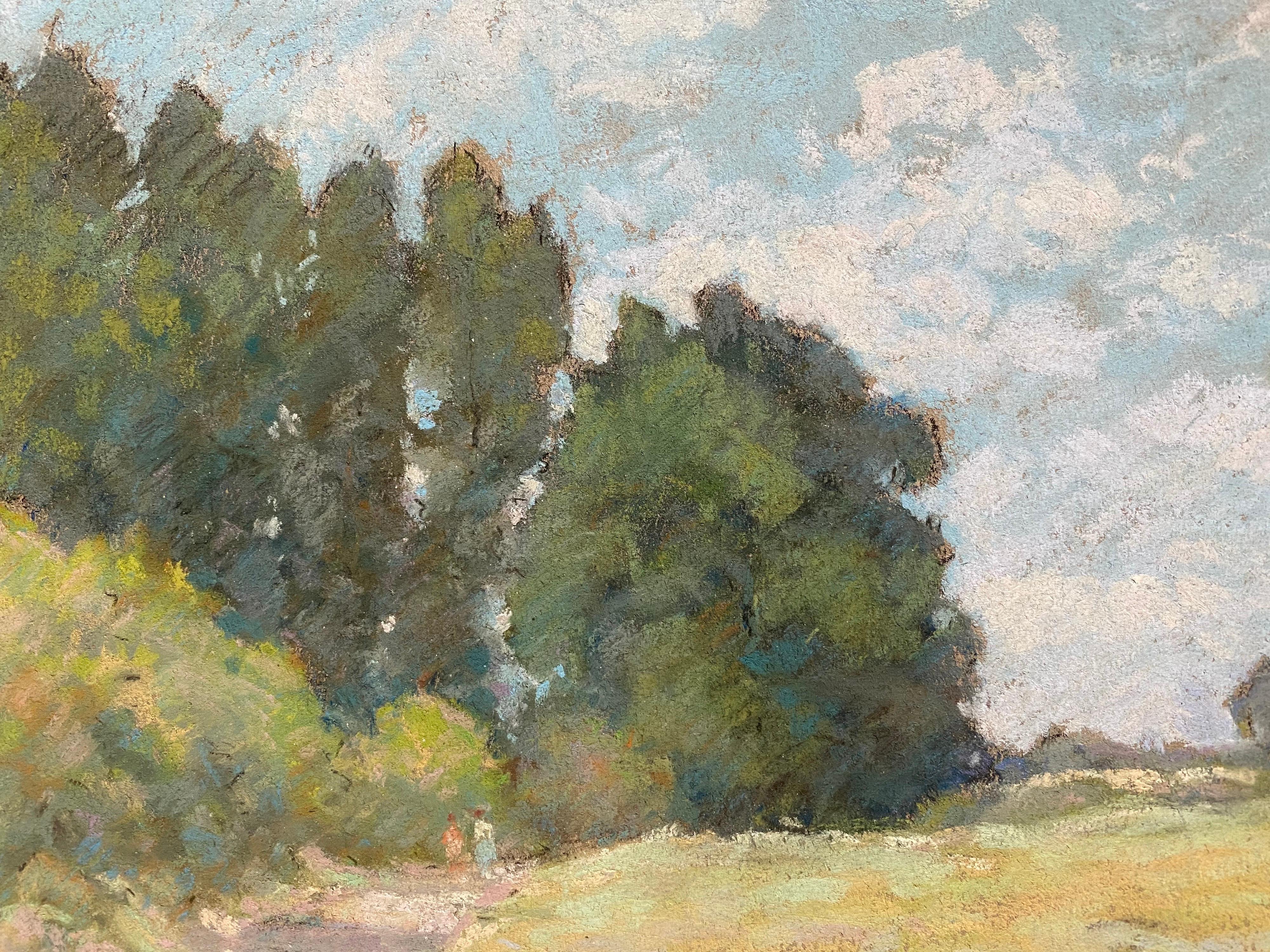 1940's French Impressionist Pastel Sunlit Countryside Pathway by Woods For Sale 2