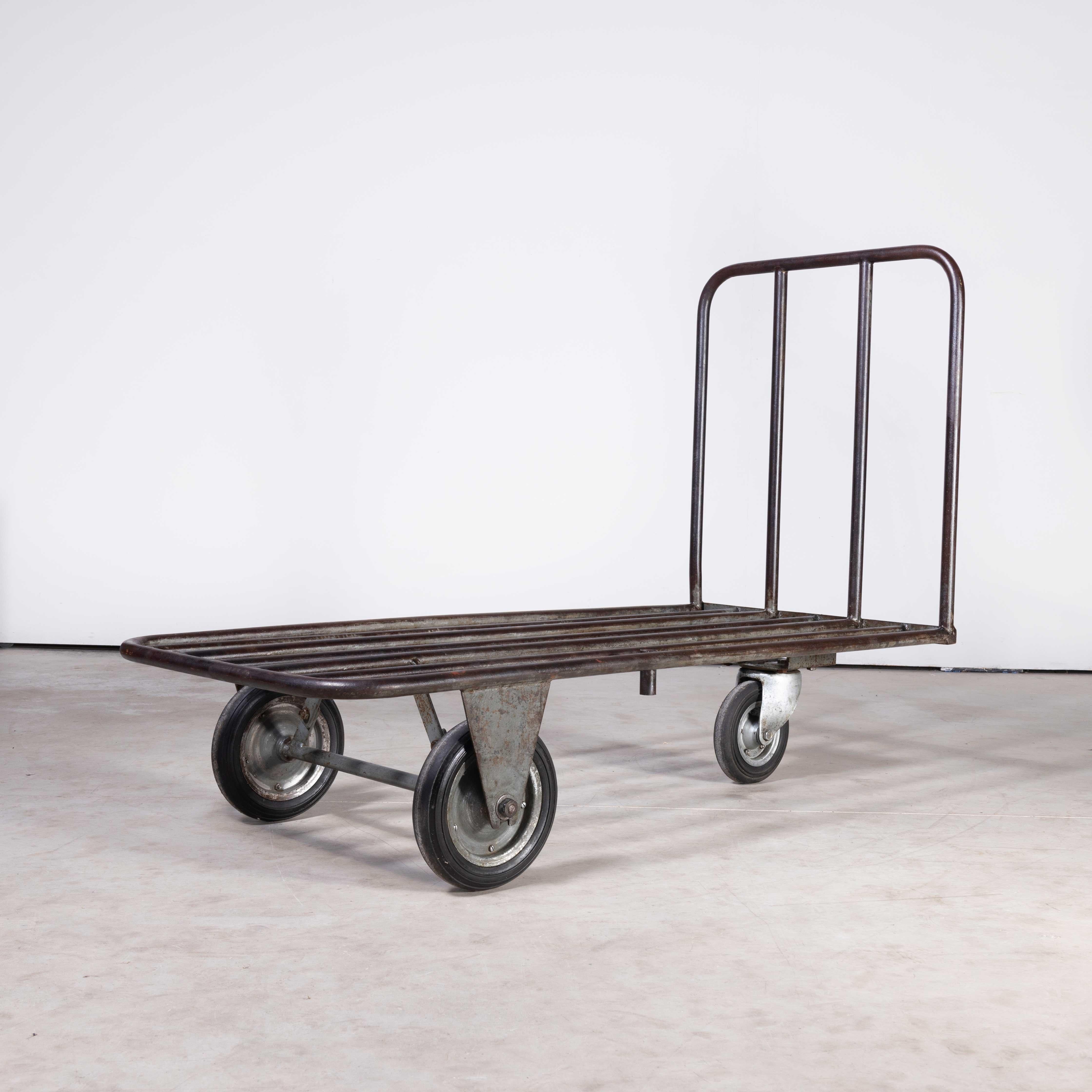 1940’s French industrial metal trolley – occasional table
1940’s French industrial metal trolley – occasional table. Heavy weight industrial trolley that has been carefully cleaned and restored in our workshop. Perefct as a low table or general