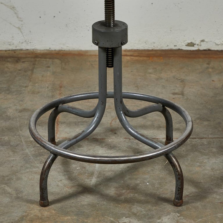 20th Century 1940s French Industrial Wood and Steel Adjustable Swivel Stool For Sale