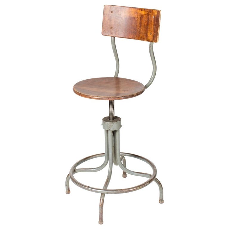 1940s French Industrial Wood and Steel Adjustable Swivel Stool For Sale