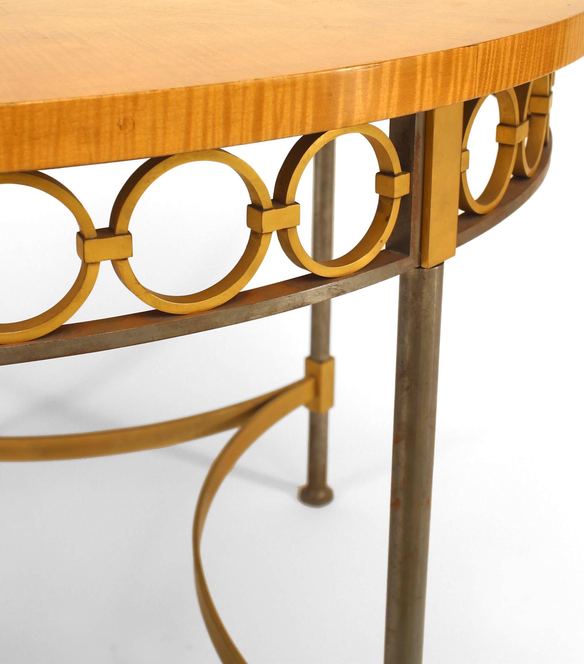 Mid-Century Modern French Mid-Century Maple Sunburst Brass Circular Top Table