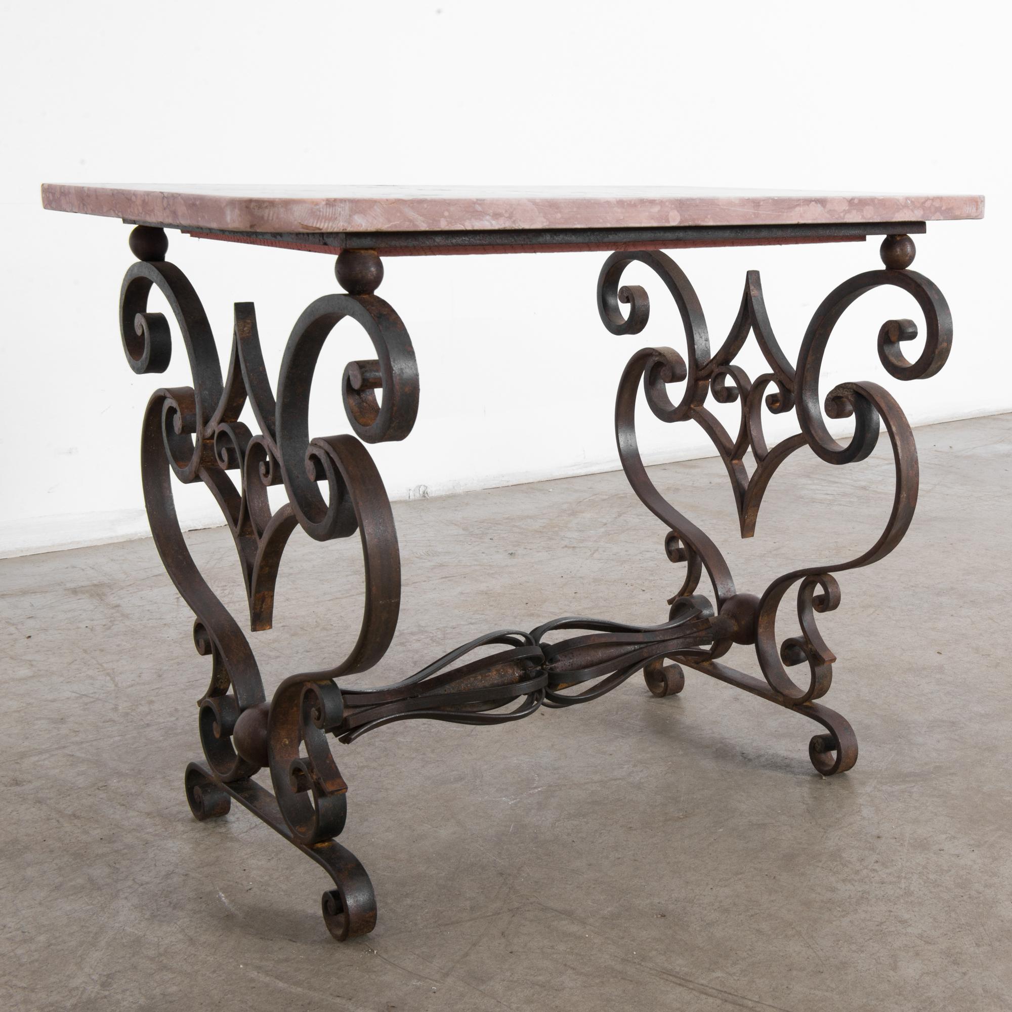 Wrought Iron 1940s French Iron and Marble Coffee Table