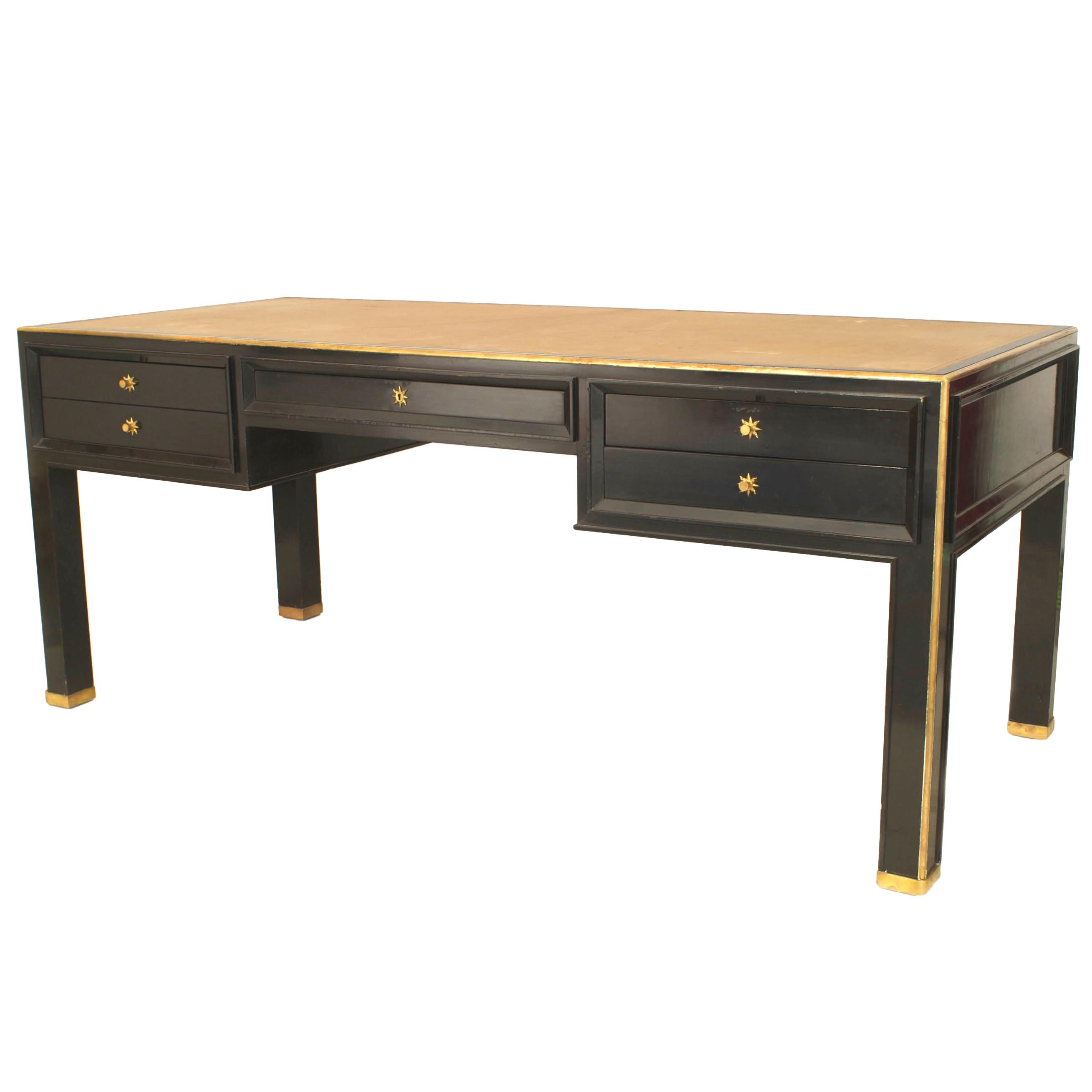 French Jacques Adnet Brass Mounted Black Lacquered Writing Desk