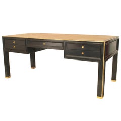 Vintage French Jacques Adnet Brass Mounted Black Lacquered Writing Desk