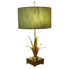 1940s French Leaves Shaped Golden Bronze and Brass Table Lamp Green Lampshade