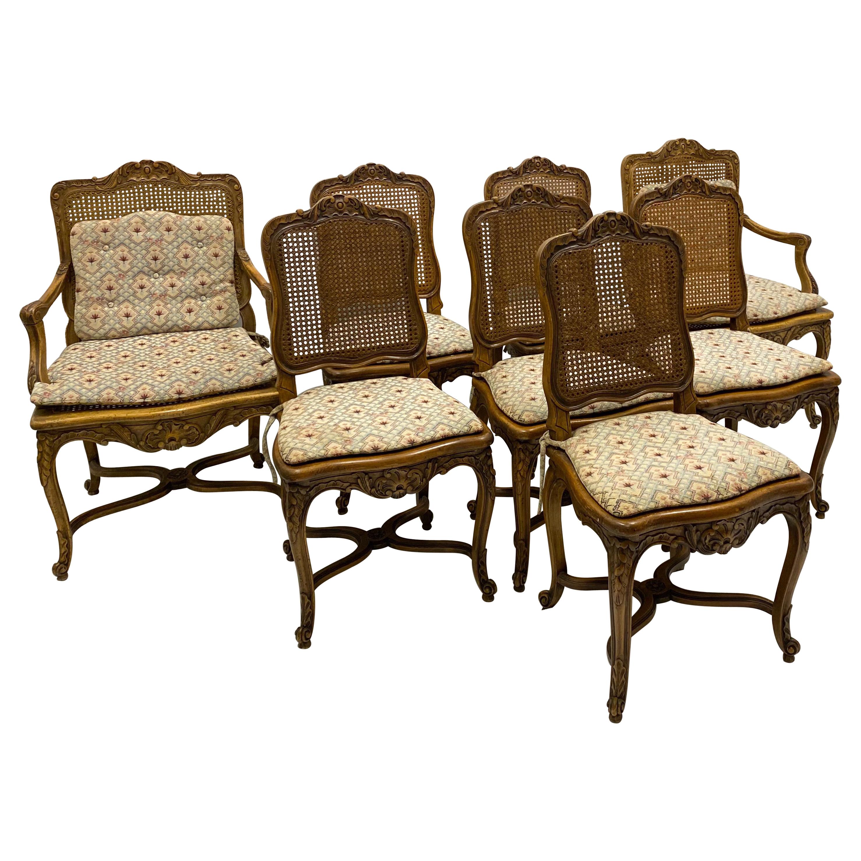 1940s French Louis XV Style Carved Fruitwood Caned Dining Chairs, S/8