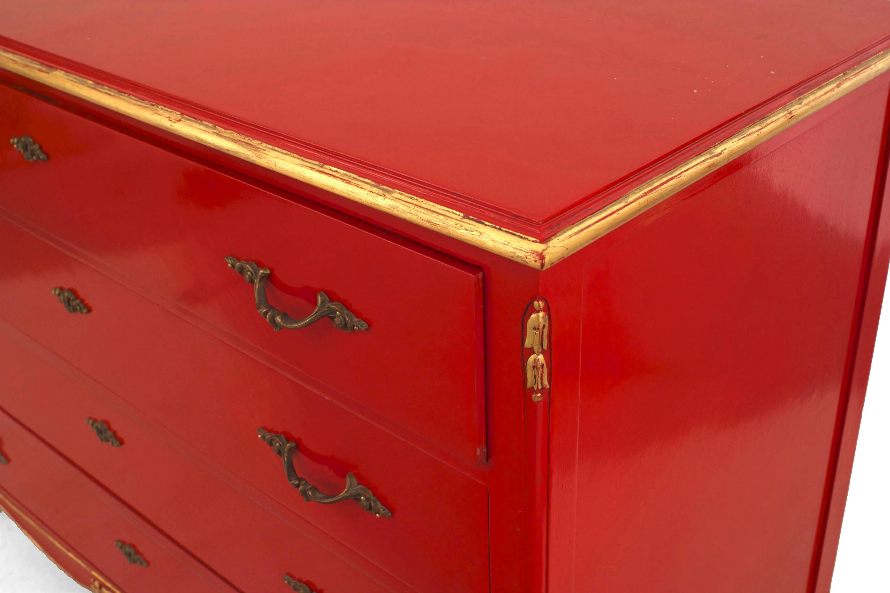 French Louis XV style (1940s) red lacquered chest having 3 drawers with gilt and bronze trim (stamped: JANSEN)
