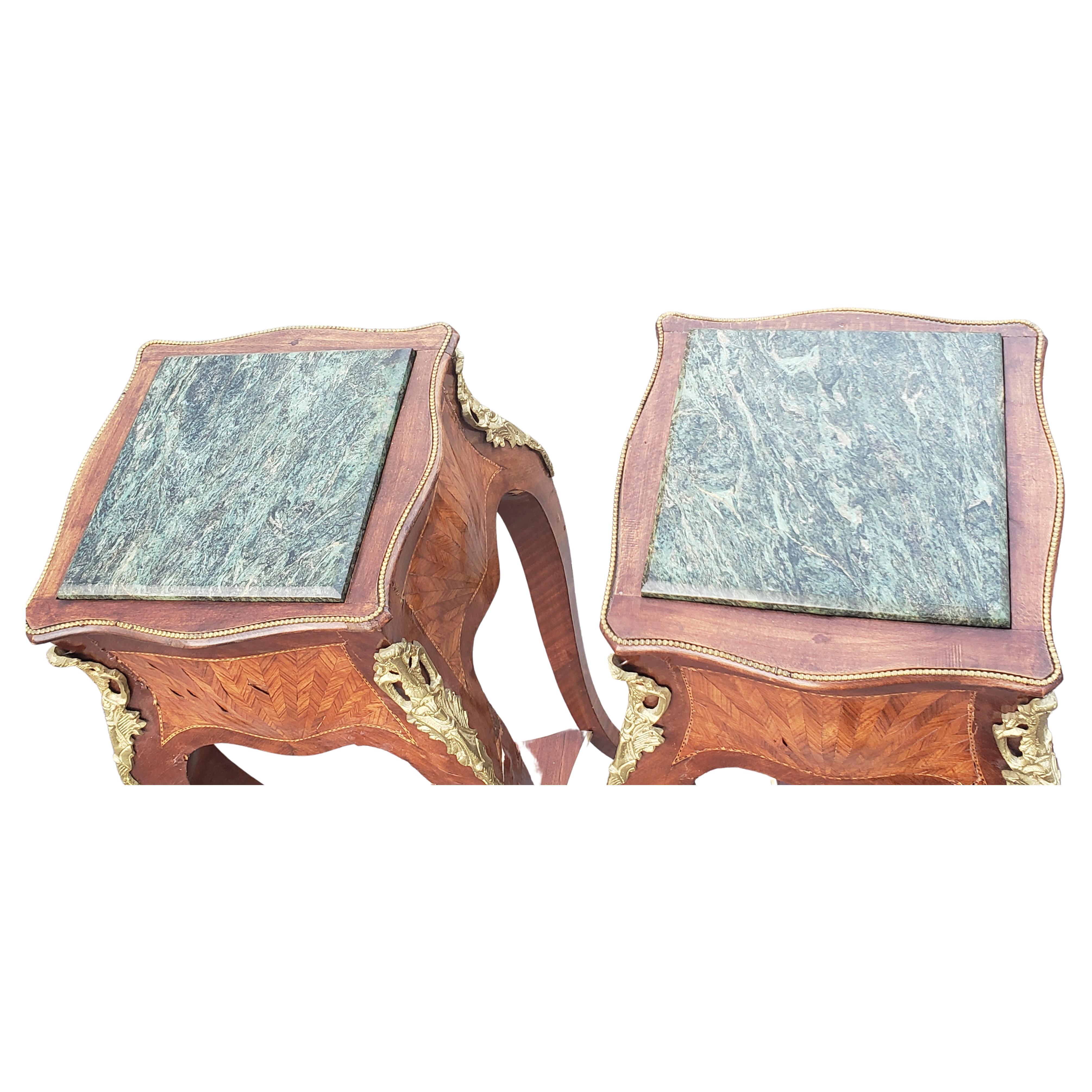1940s French Louis XV Tall Marquetry and Bronze Ormolu Table Stands, a Pair In Good Condition In Germantown, MD
