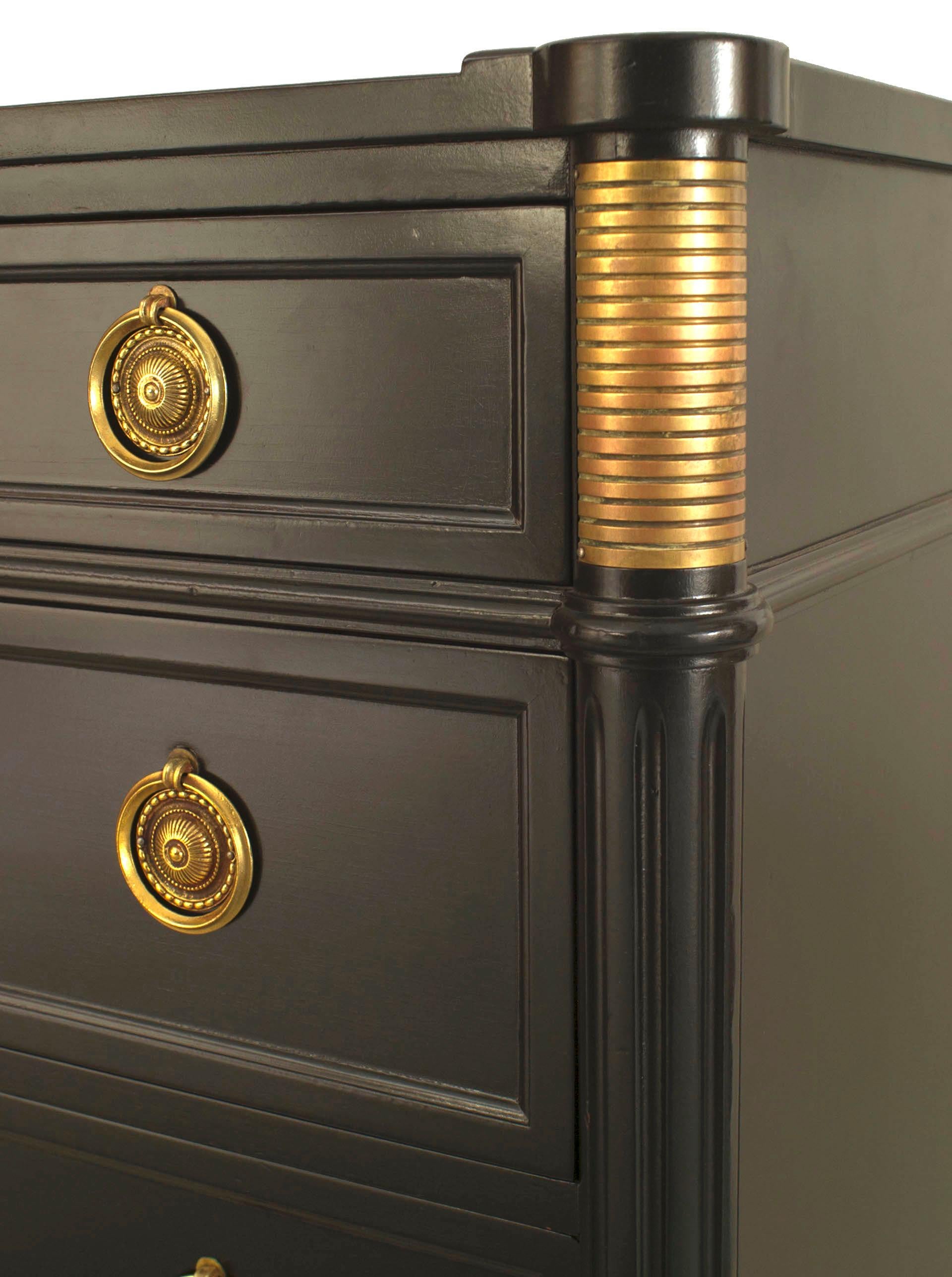 French Louis XVI style (1940s) ebonized bronze trim chest with 6 drawers having ring handles and supported on small tapered square legs. (stamped: JANSEN)
