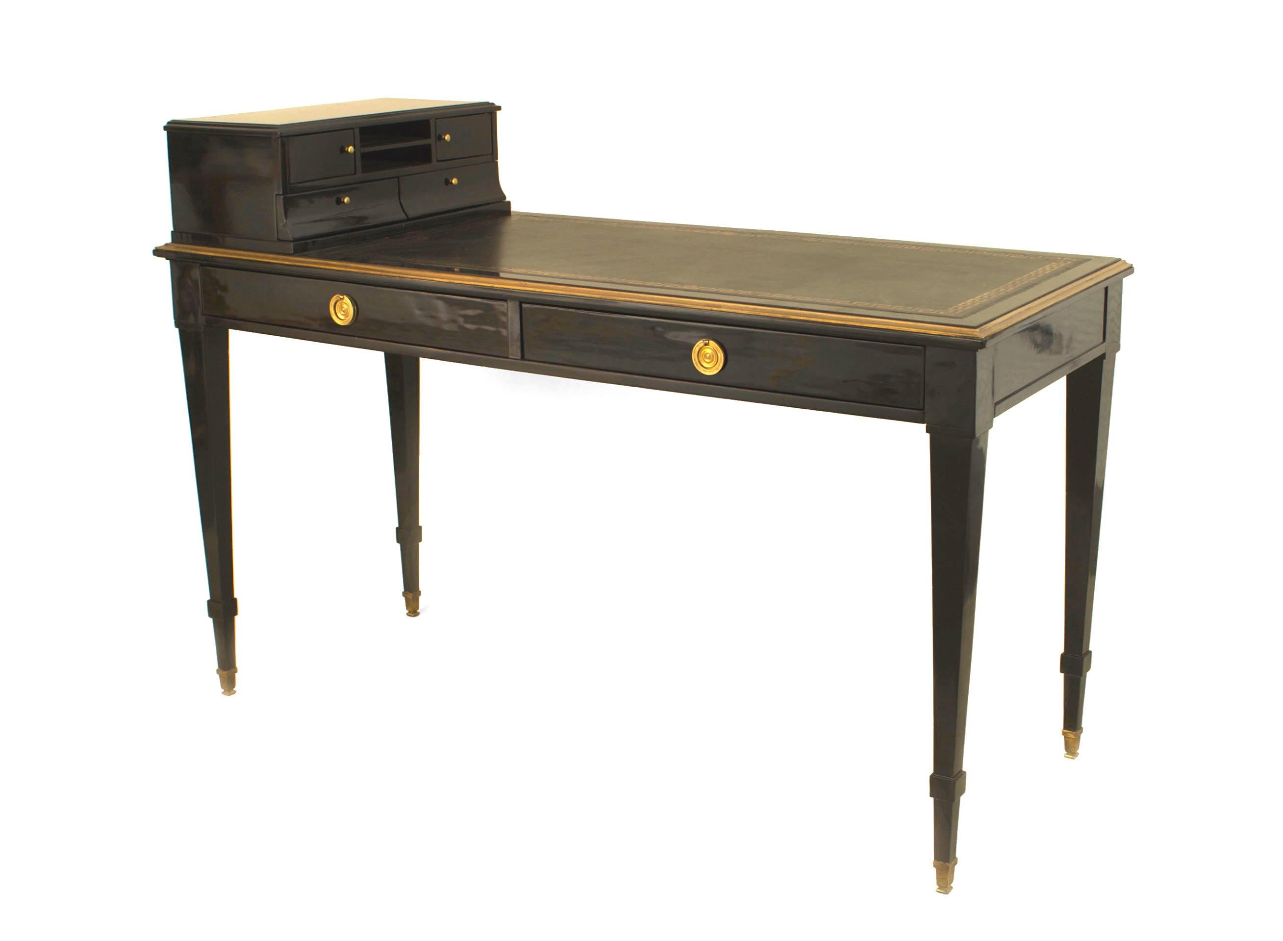 Gold Leaf Jansen French Louis XVI Style Ebonized and Black Leather Desk For Sale