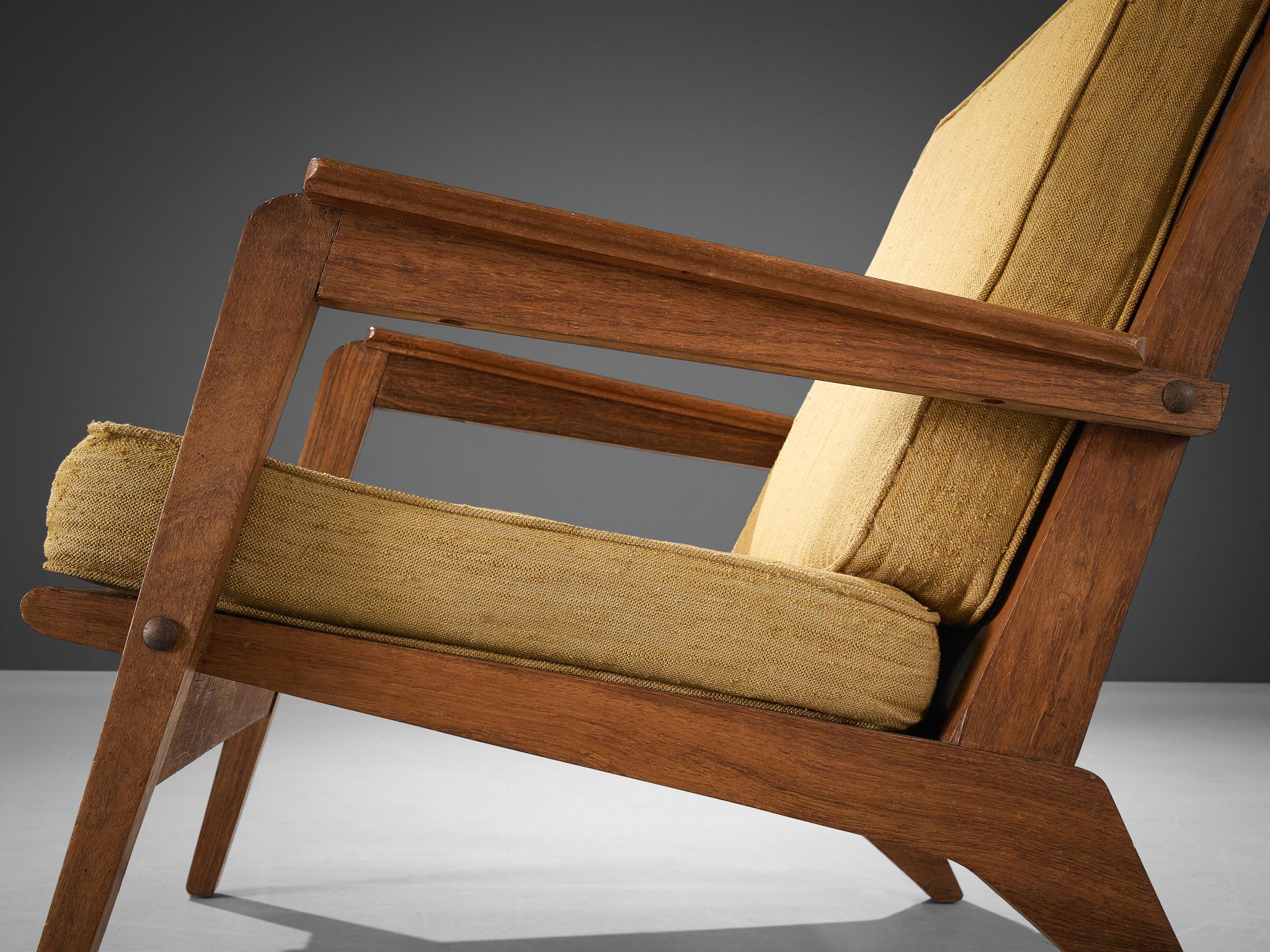 Mid-Century Modern 1940s French Lounge Chair with Constructivist Wooden Frame