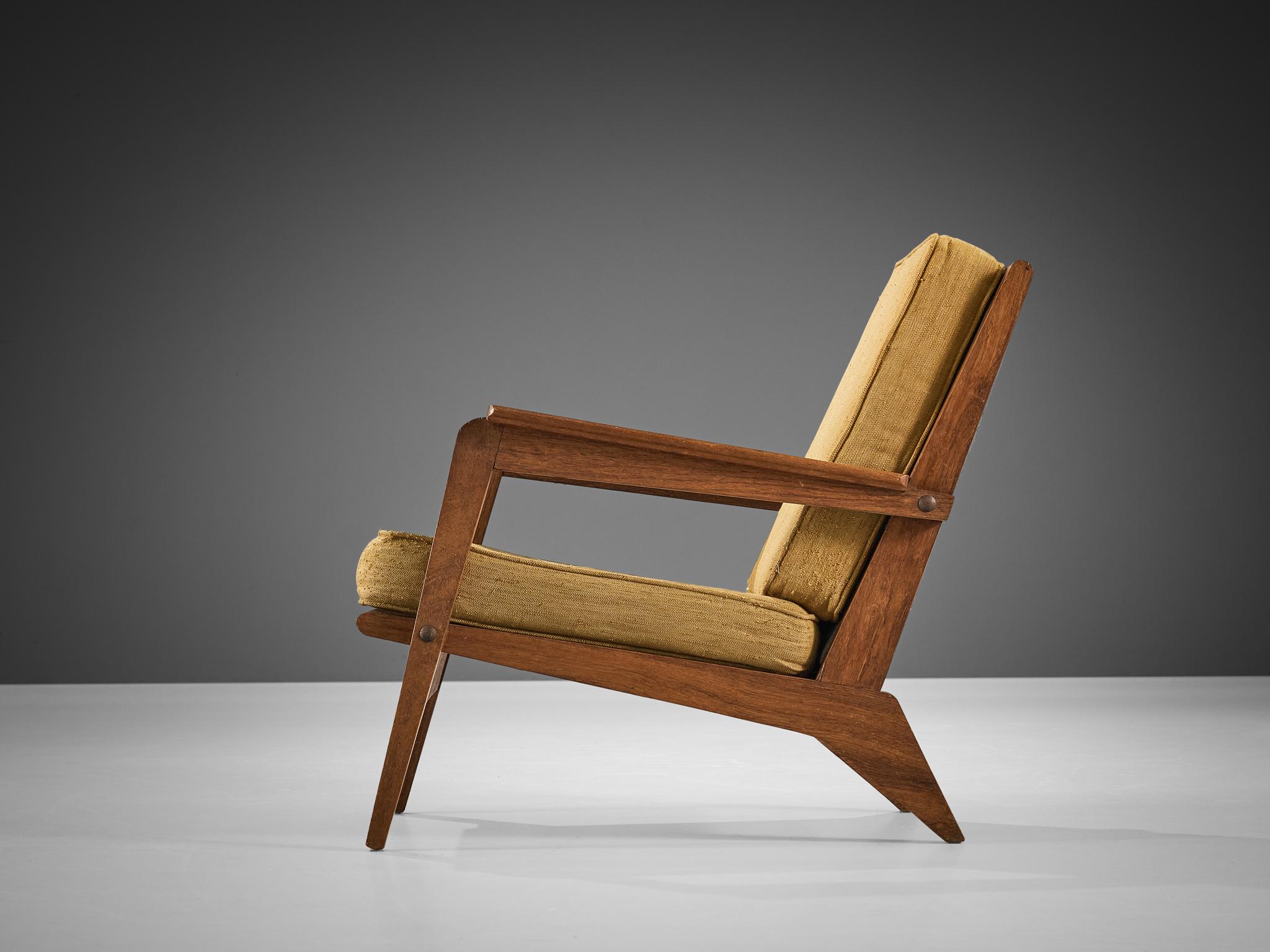 Fabric 1940s French Lounge Chair with Constructivist Wooden Frame