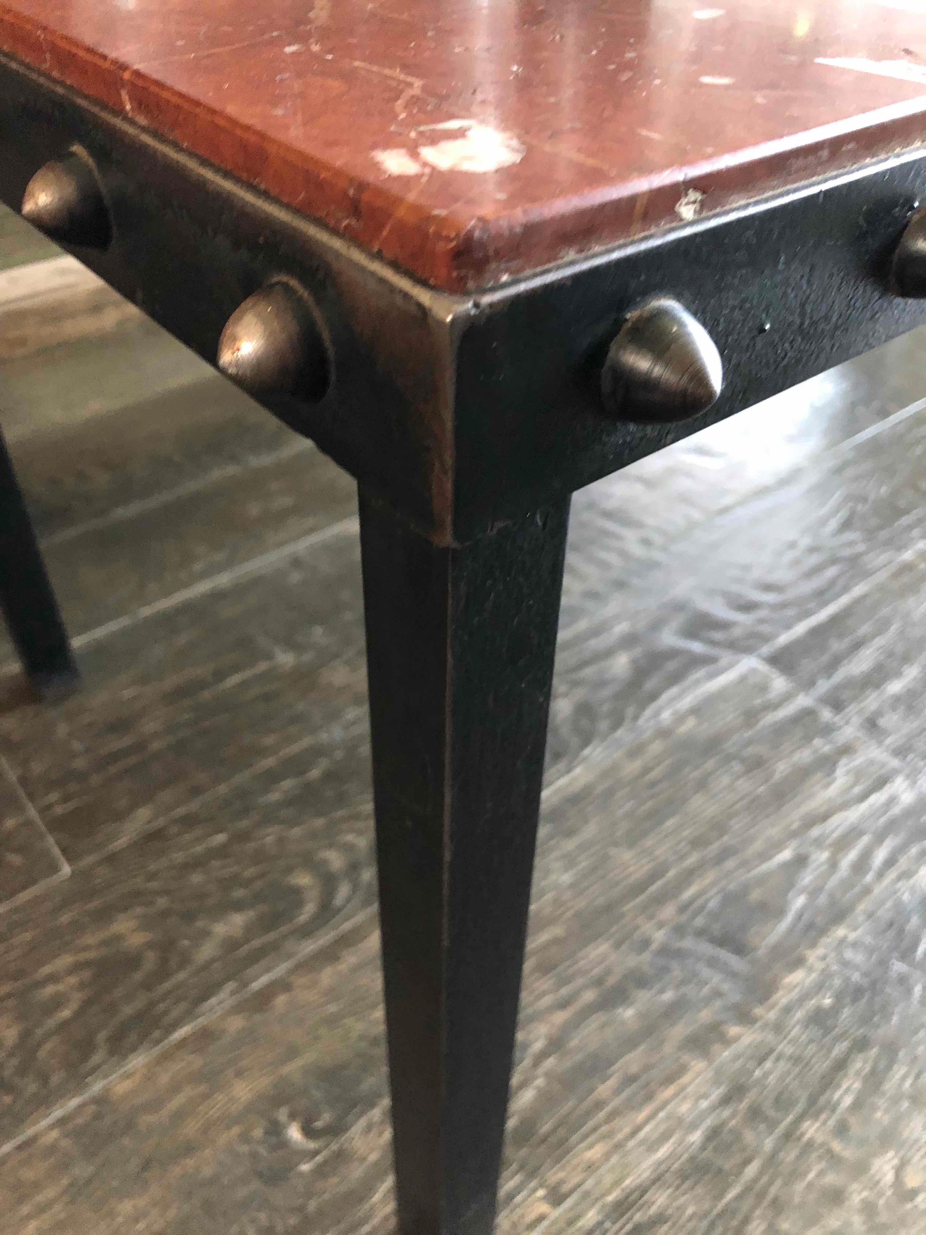 Industrial 1940s French Marble Top Coffee Table with Iron Legs and Studded Trim