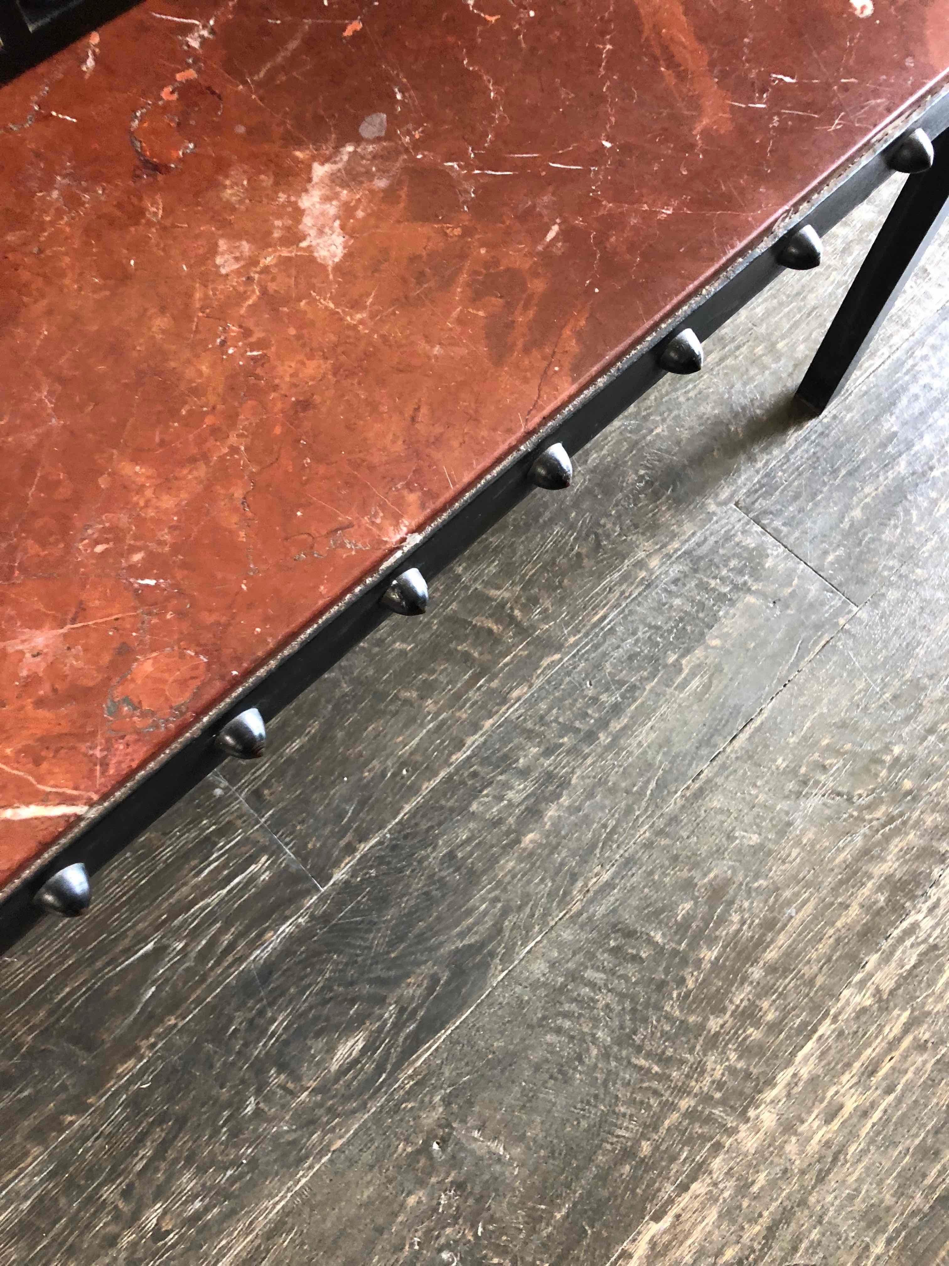 1940s French Marble Top Coffee Table with Iron Legs and Studded Trim In Good Condition In Los Angeles, CA
