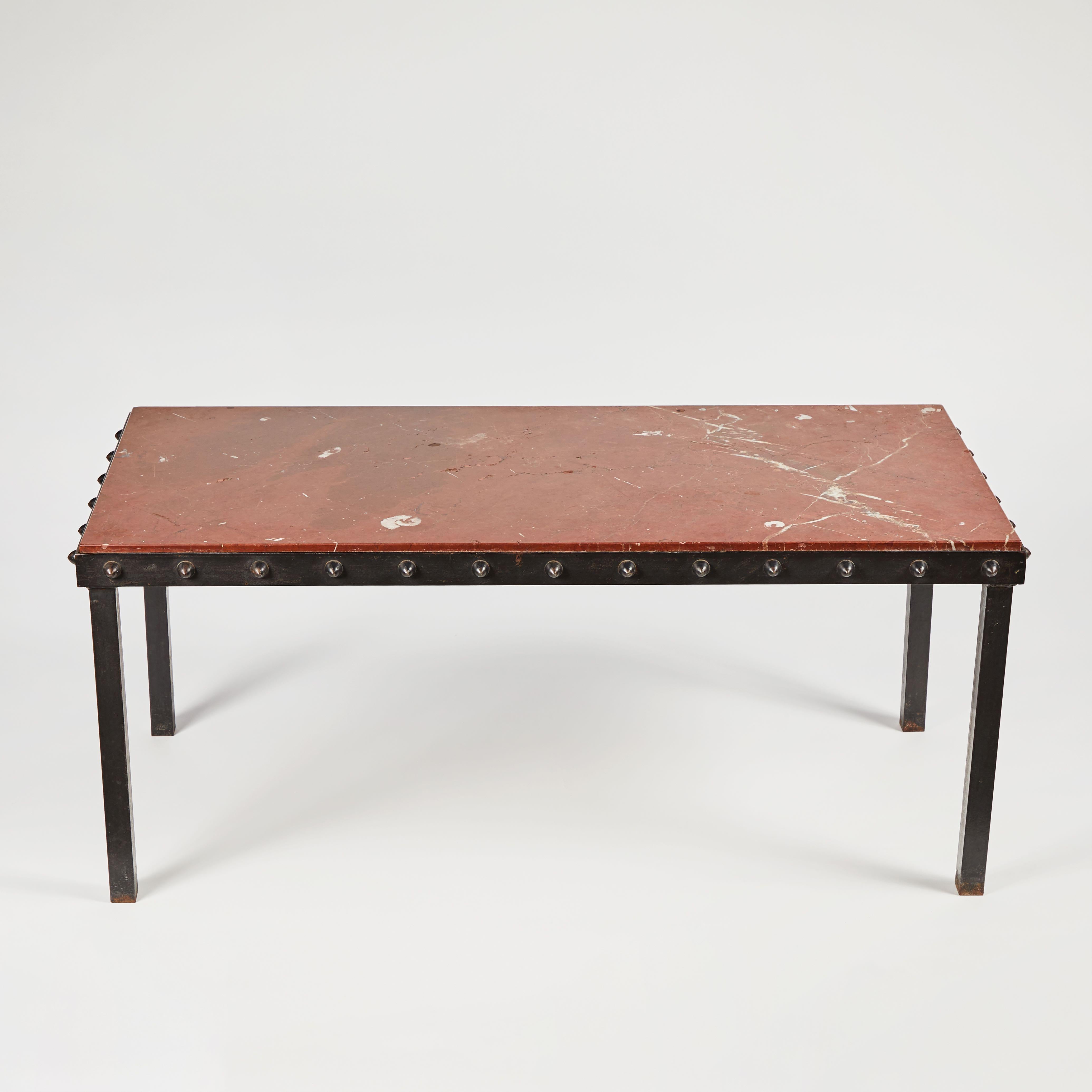 1940s French Marble Top Coffee Table with Iron Legs and Studded Trim 1