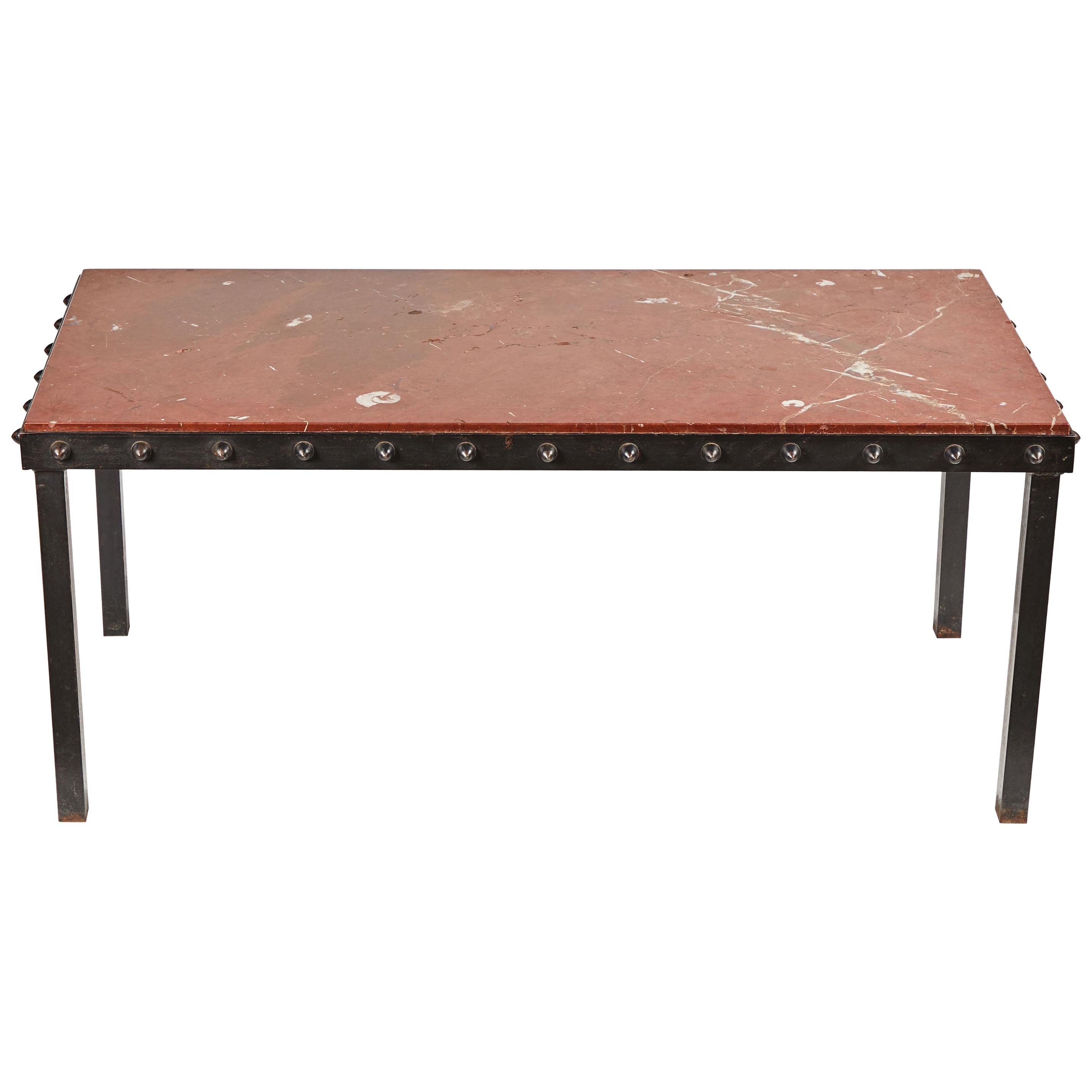 1940s French Marble Top Coffee Table with Iron Legs and Studded Trim